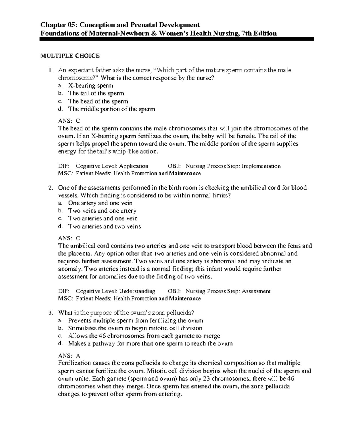 C5 - Chapter 05 Conception & Prenatal Development Test Bank - Studocu