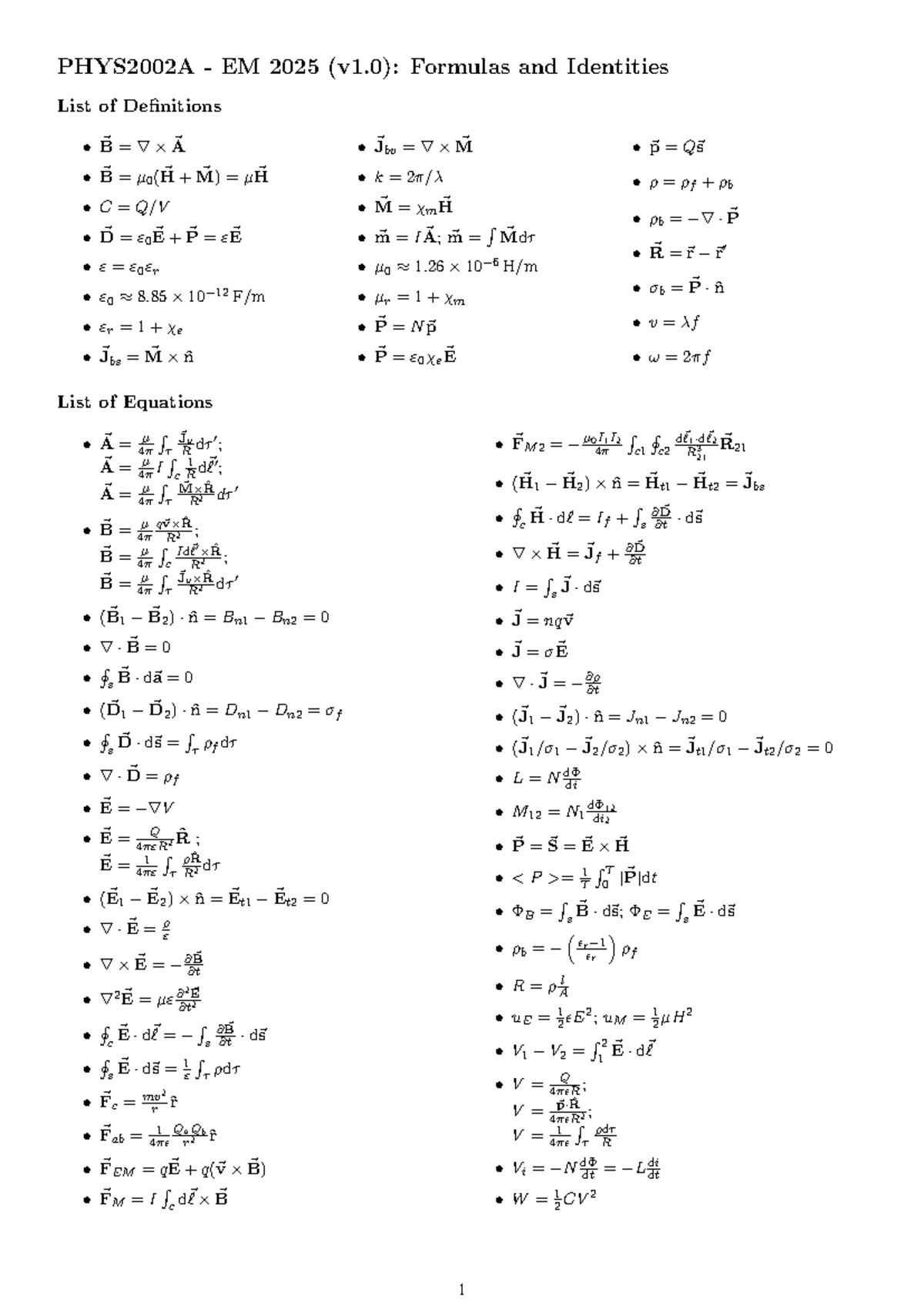 PHYS2002A EM 2025: Comprehensive Formulas and Identities List - Studocu