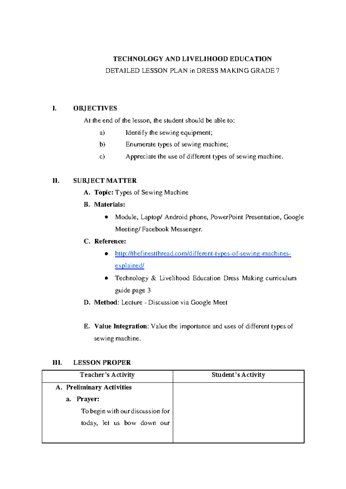 567128702 Detailed Lesson Plan on Types of Sewing Machines - Studocu