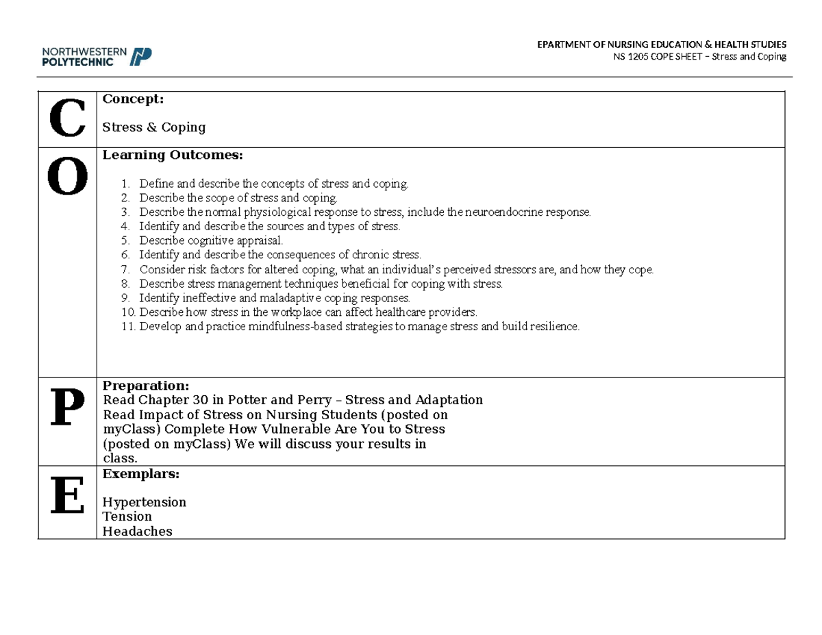 NS 1205 COPE Sheet: Understanding Stress and Coping Strategies - Studocu