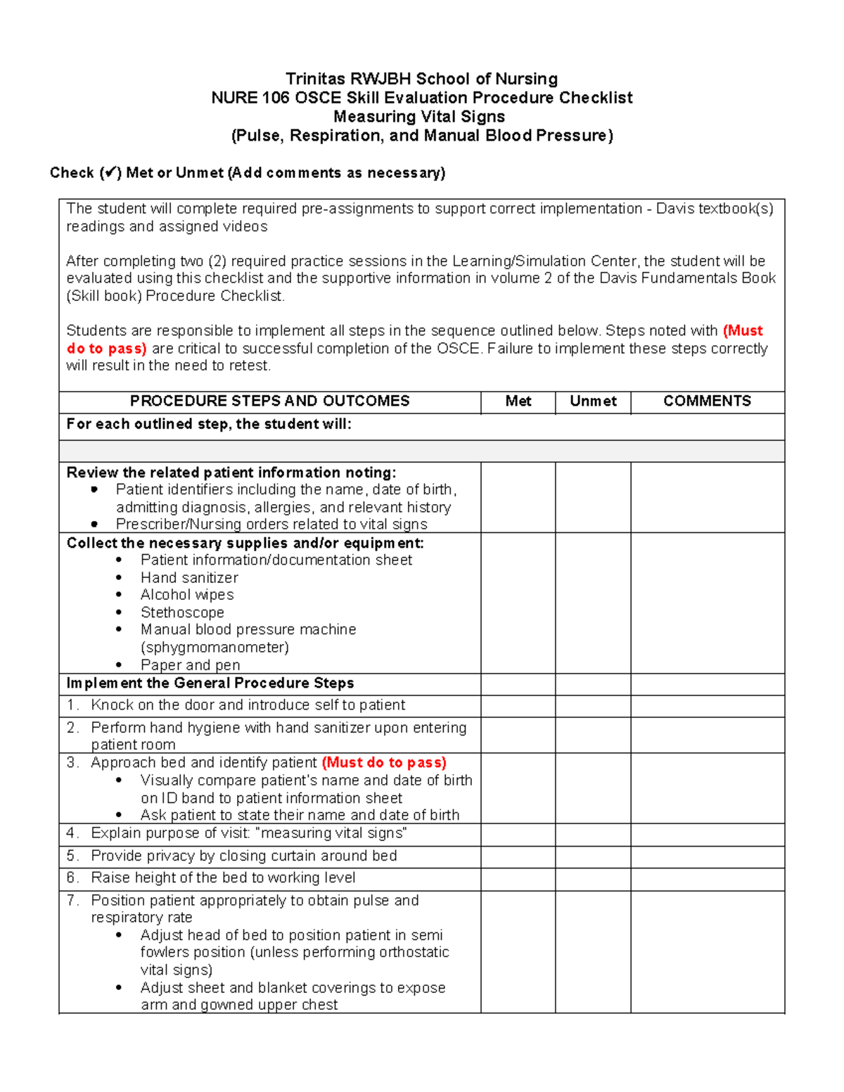 NURE 106 OSCE Checklist: Vital Signs Evaluation - Pulse, Resp & BP ...