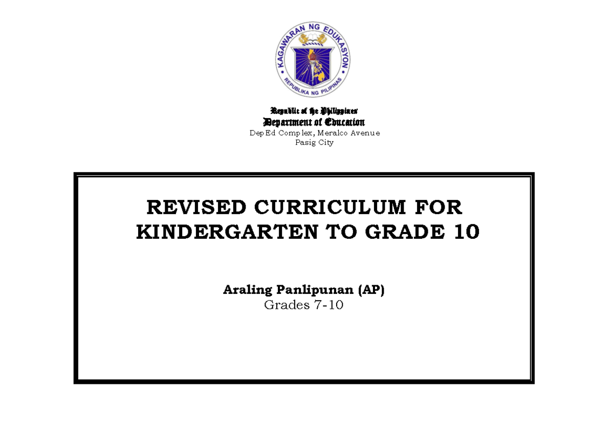 AP Grades 7-10: Curriculum Guide for Araling Panlipunan and Ekonomiks ...