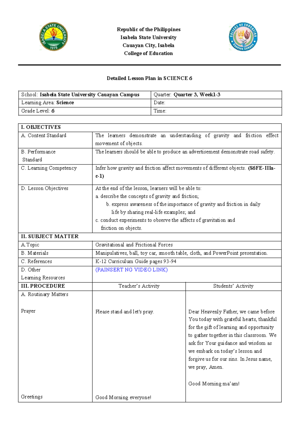 Detailed Lesson Plan in SCIENCE 6: Gravity and Friction Effects - Studocu