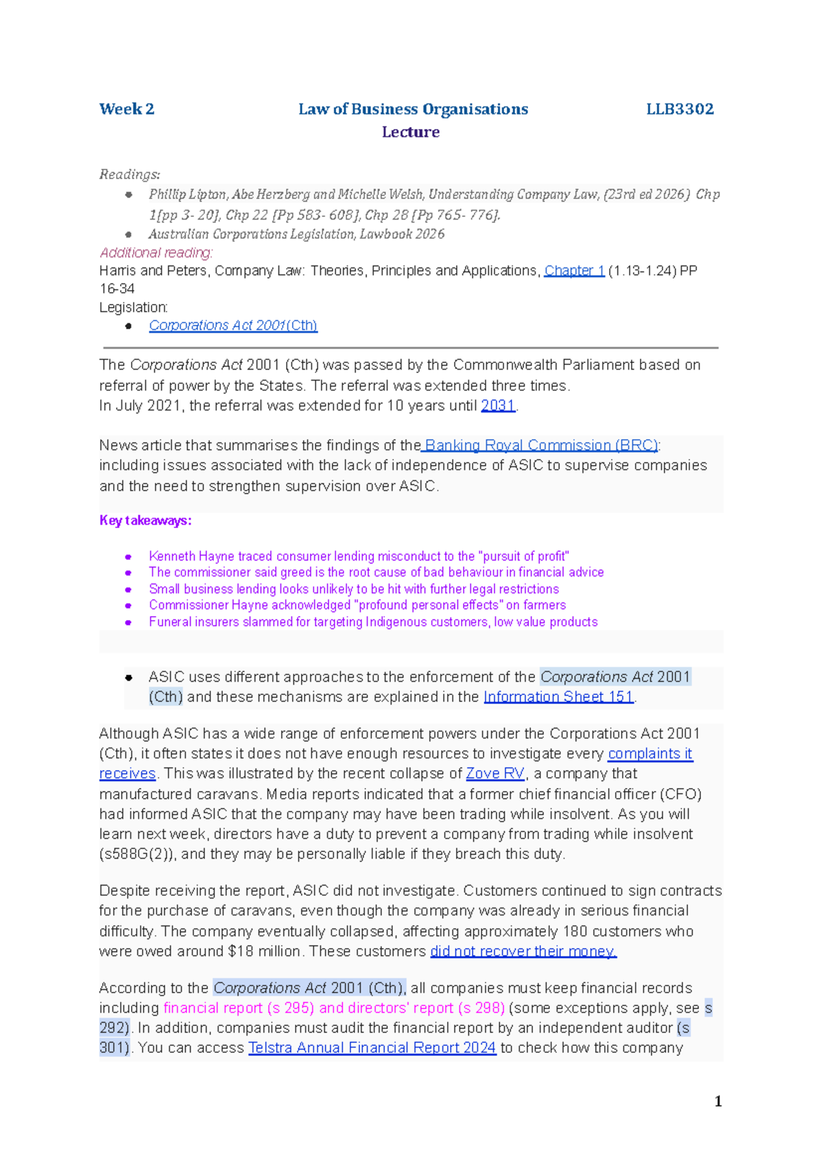 LLB3302 Week 2 Lecture Summary: Understanding Company Law and ASIC ...