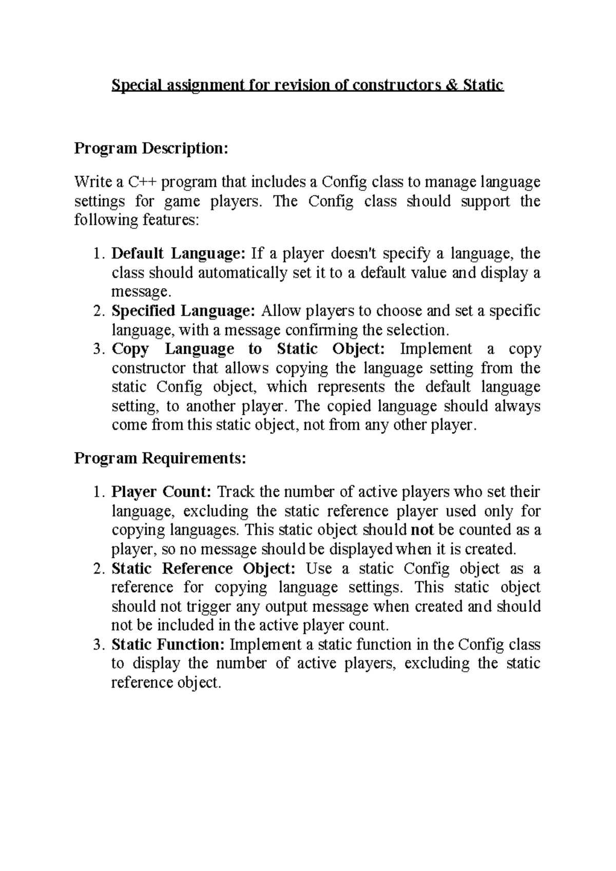 C++ Special Assignment: Constructors & Static Class Implementation ...