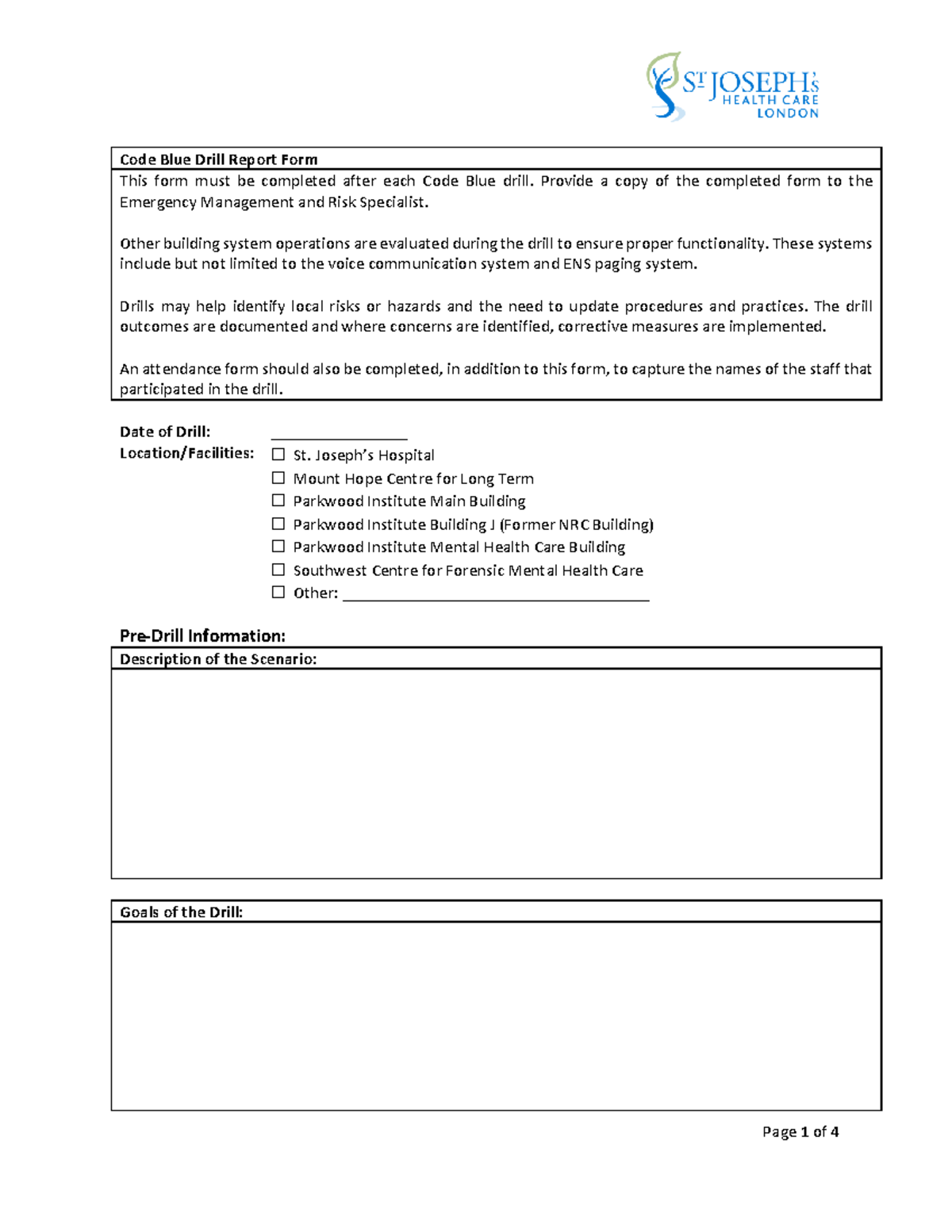 CODE BLUE Drill Report Form for Emergency Management Protocols - Studocu