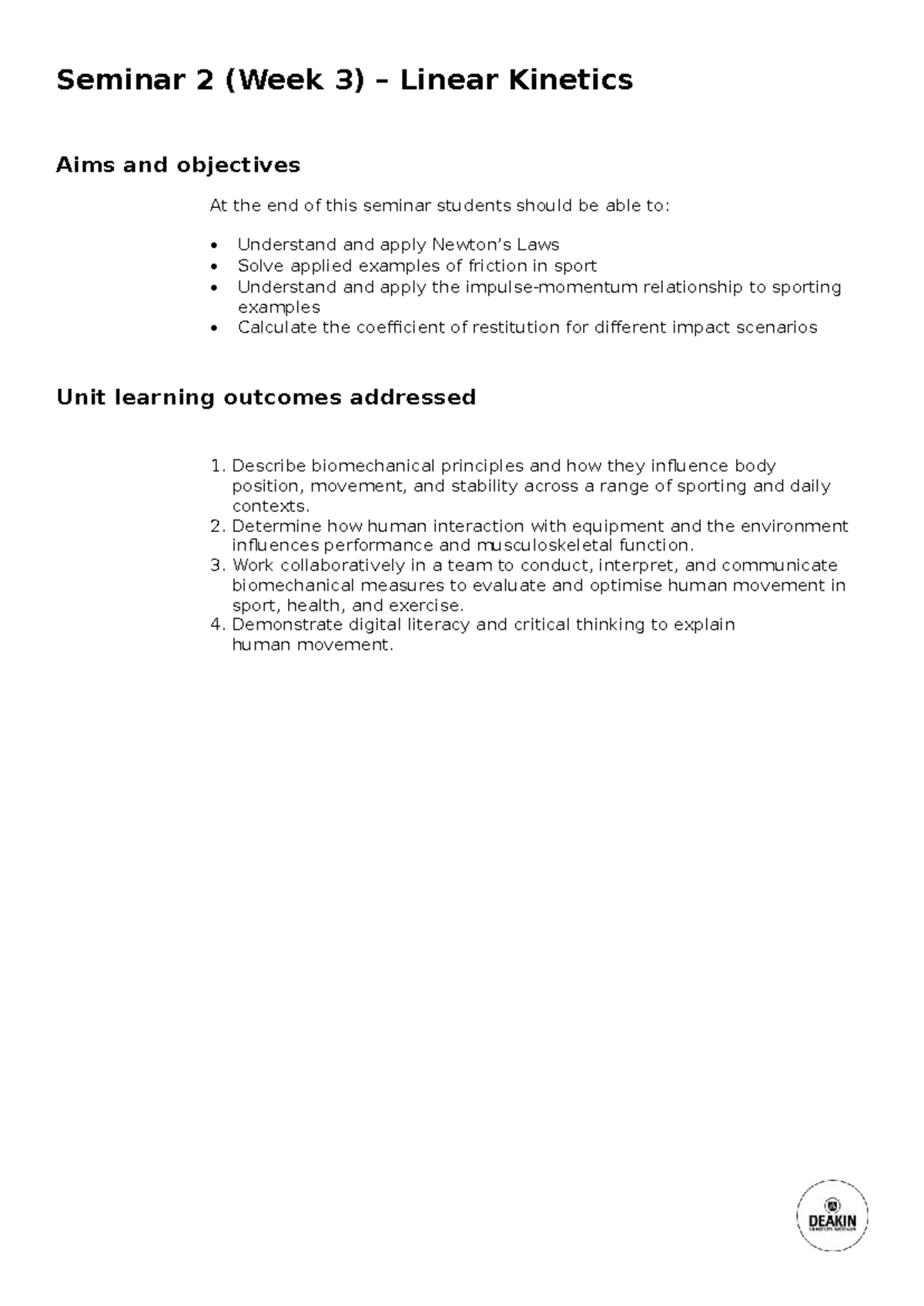 Seminar 2 (Week 3) - Understanding Linear Kinetics in Sports - Studocu
