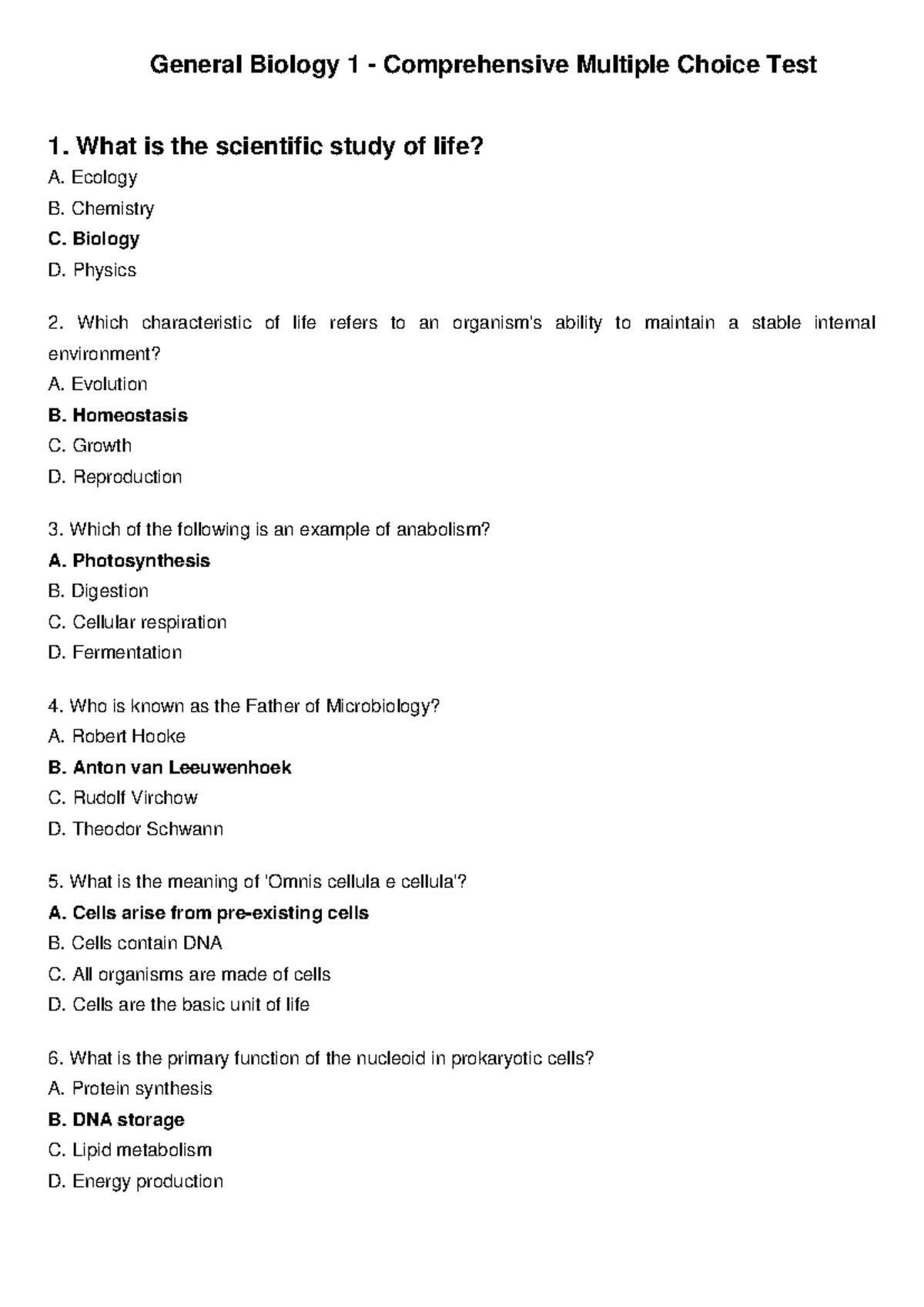 General Biology 1 Complete Test - General Biology 1 - Comprehensive ...