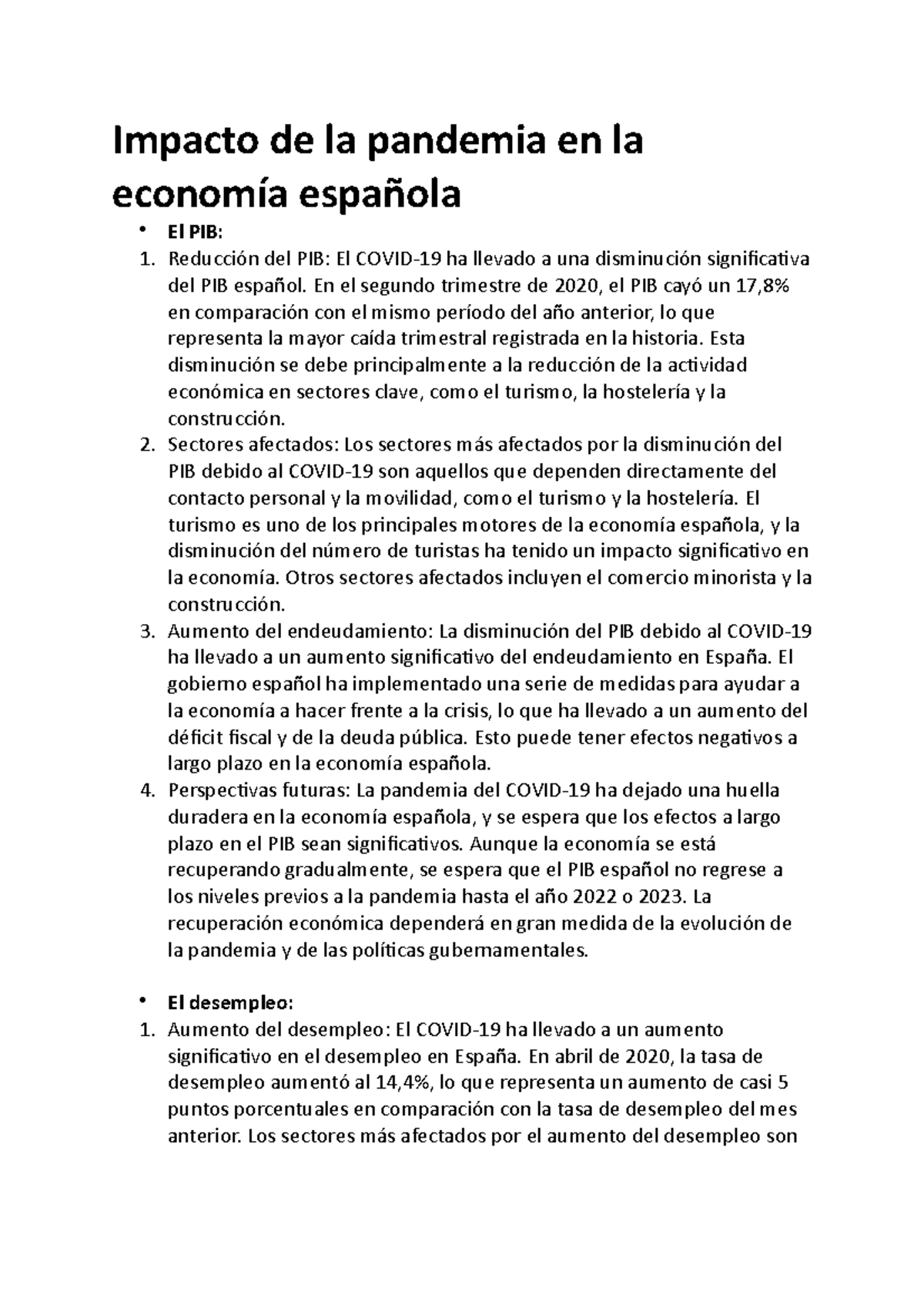 Impacto de la pandemia en la economía española - Impacto de la pandemia ...