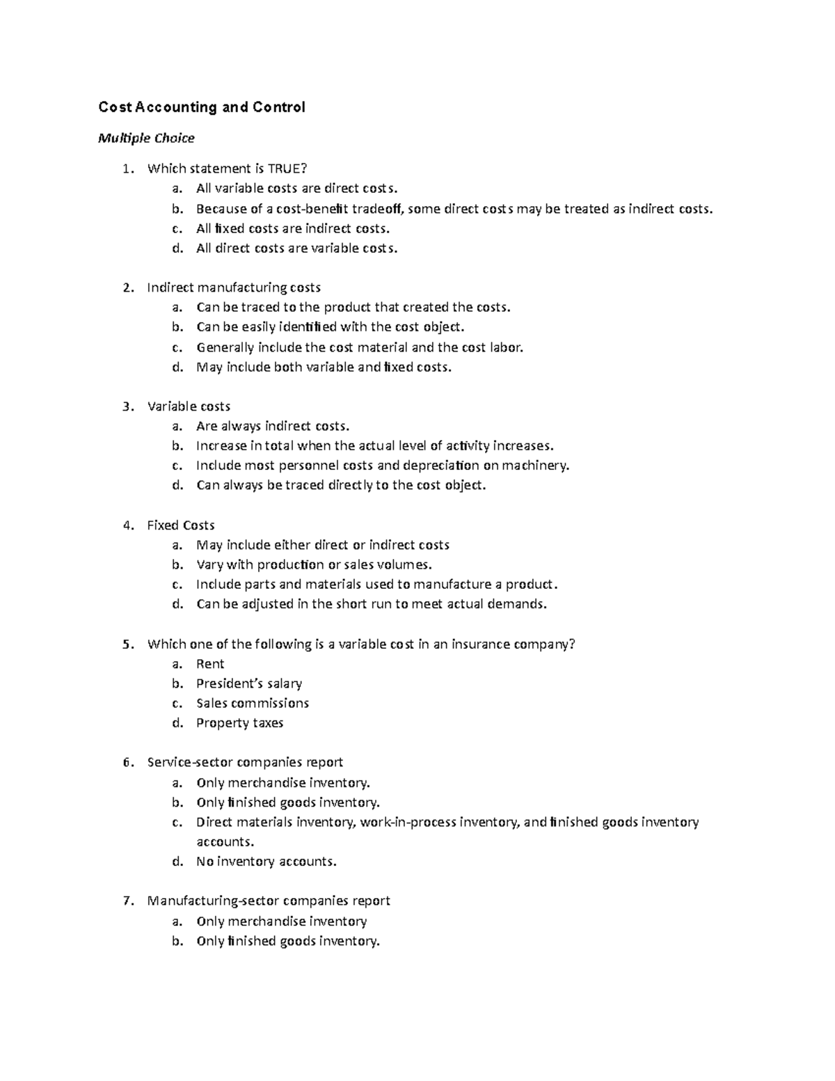 Cost Accounting and Control MCQ Review for Exam Preparation - Studocu