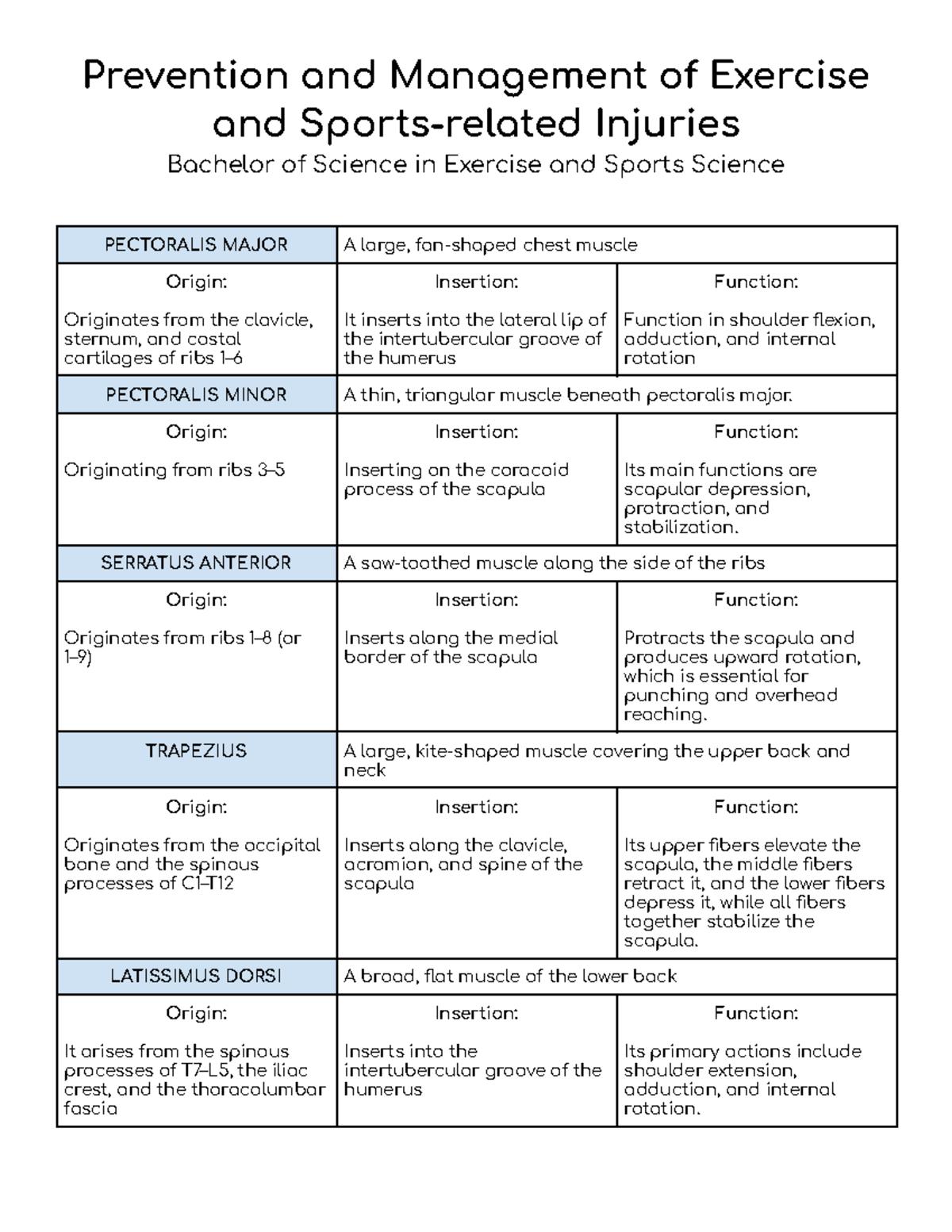 Exercise & Sports Science: Muscle Origin & Insertion Notes - Studocu