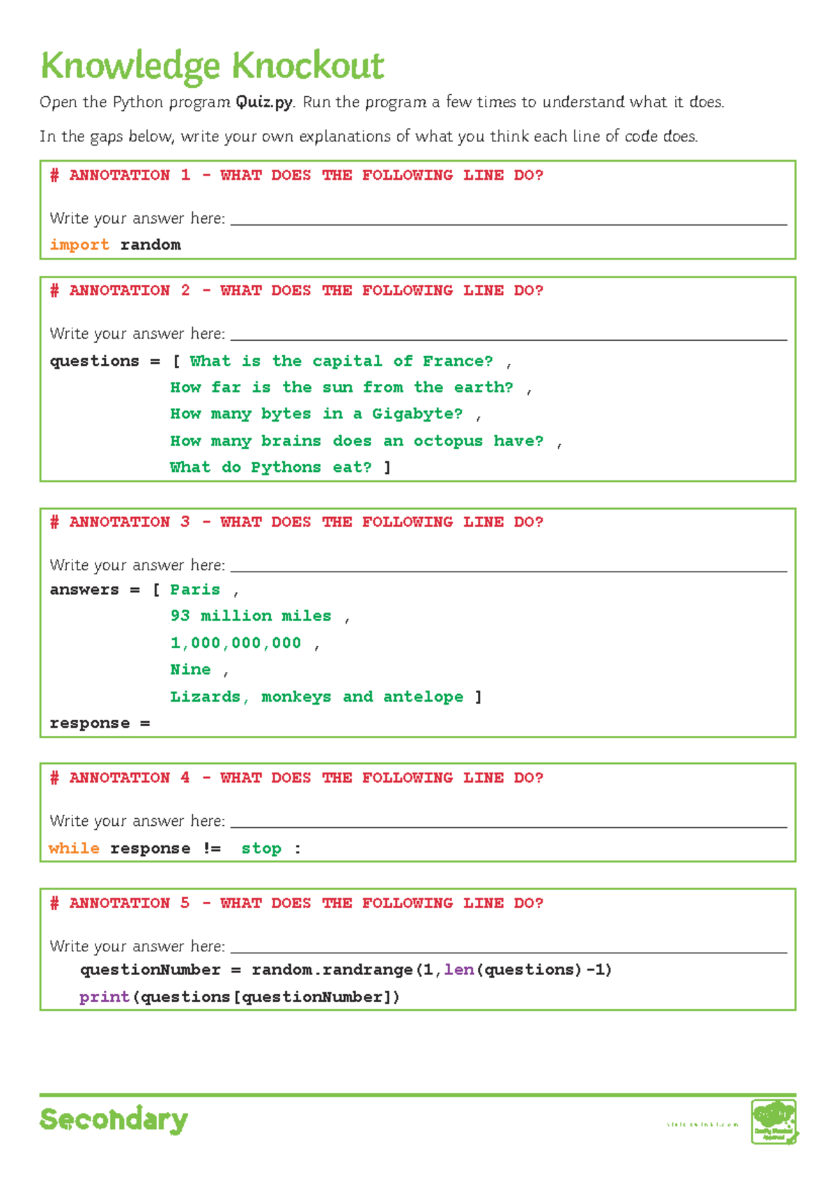 Knowledge Knockout - Python Quiz Code Explanation Notes - Studocu
