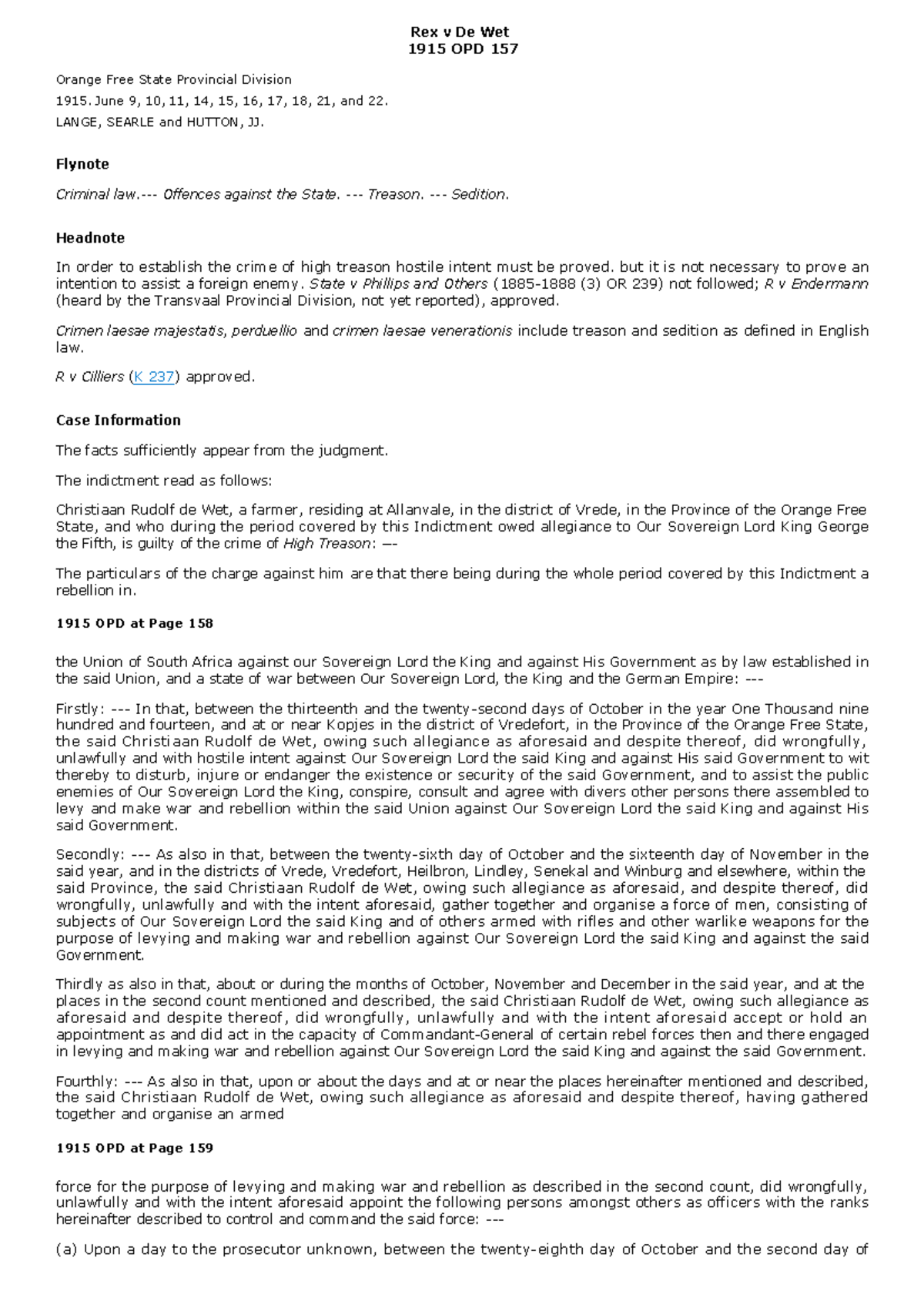 Rex v De Wet 1915 OPD 157 - Case law - Rex v De Wet 1915 OPD 157 Orange ...