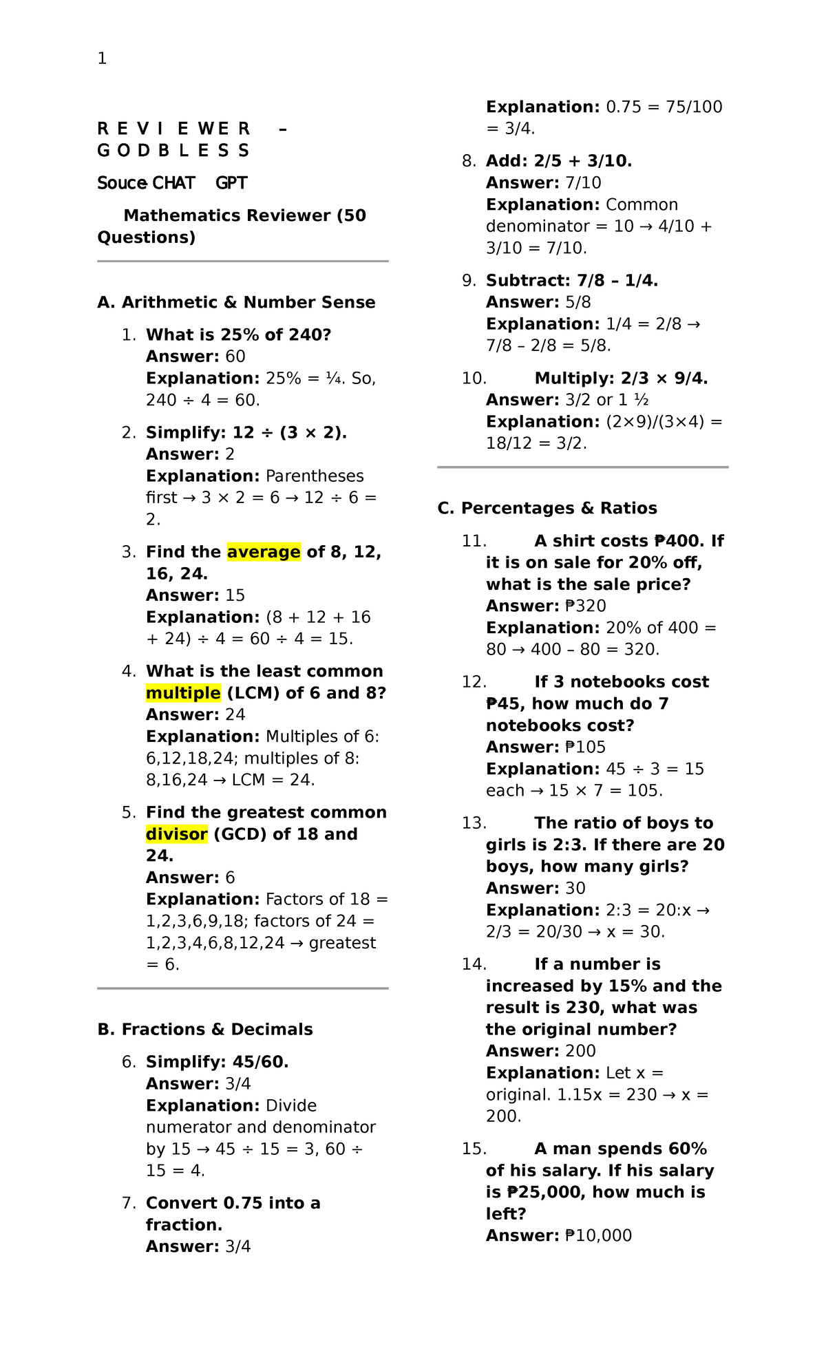 Mathematics Reviewer (50 Questions) for SHOLARSHIP Course - Studocu