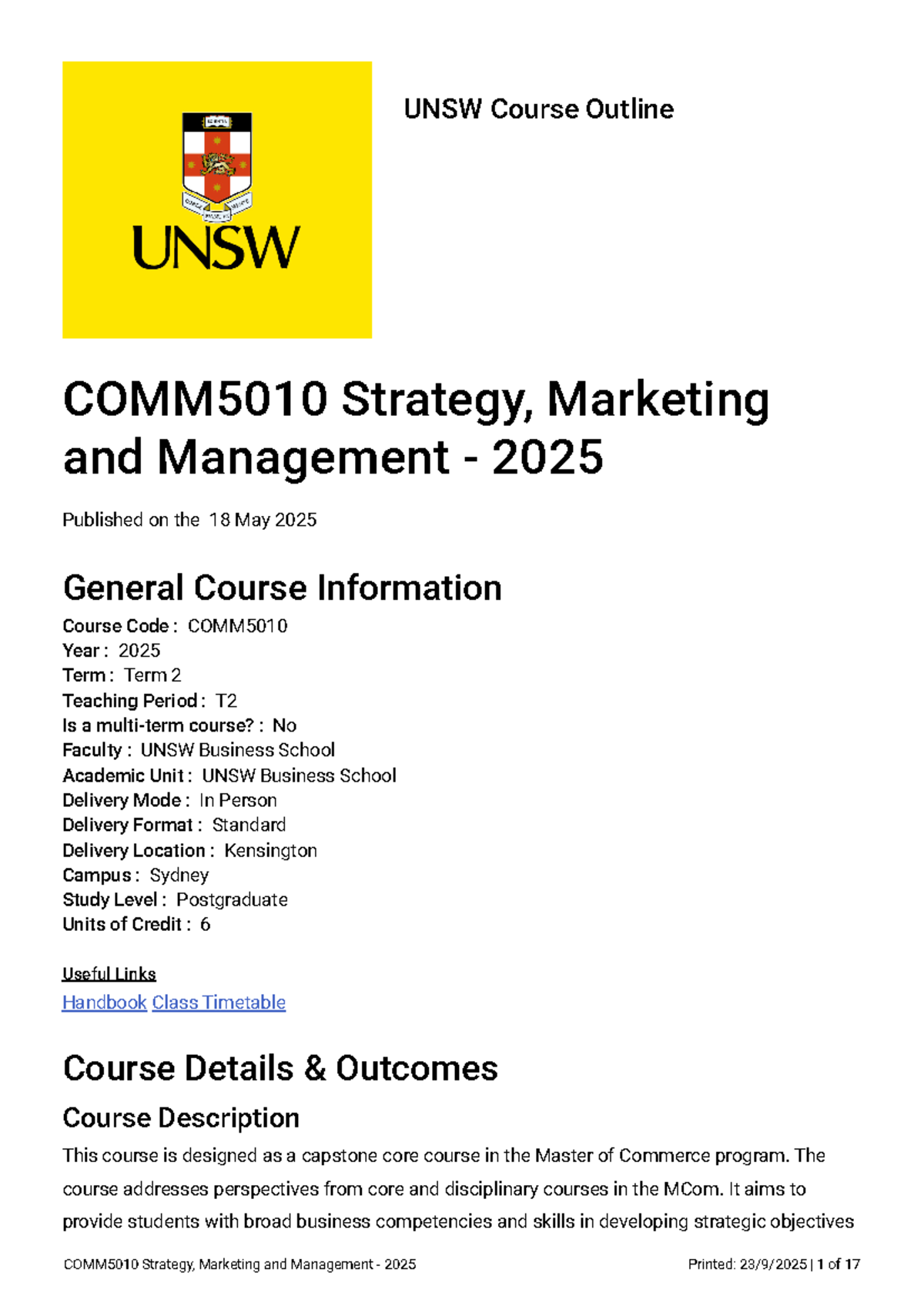 COMM5010 Strategy, Marketing & Management Course Outline 2025 T2 - Studocu