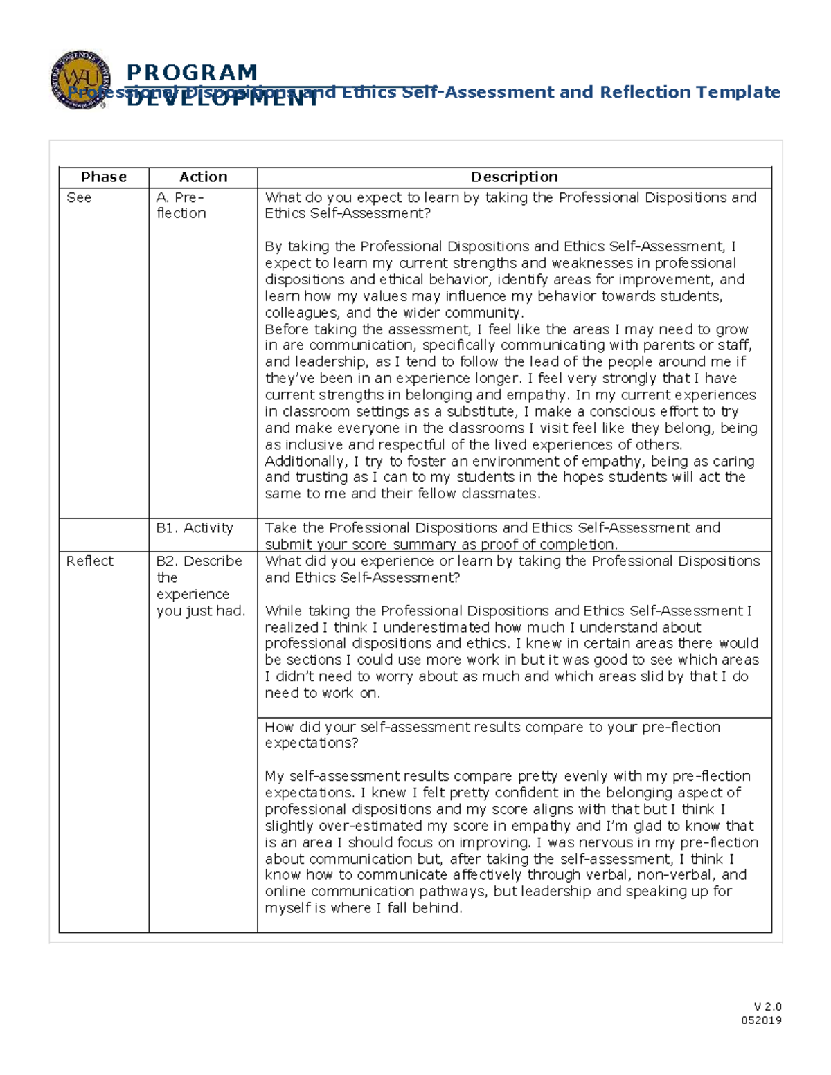 PROGRAM Professional Dispositions and Ethics Self-Assessment Reflection ...