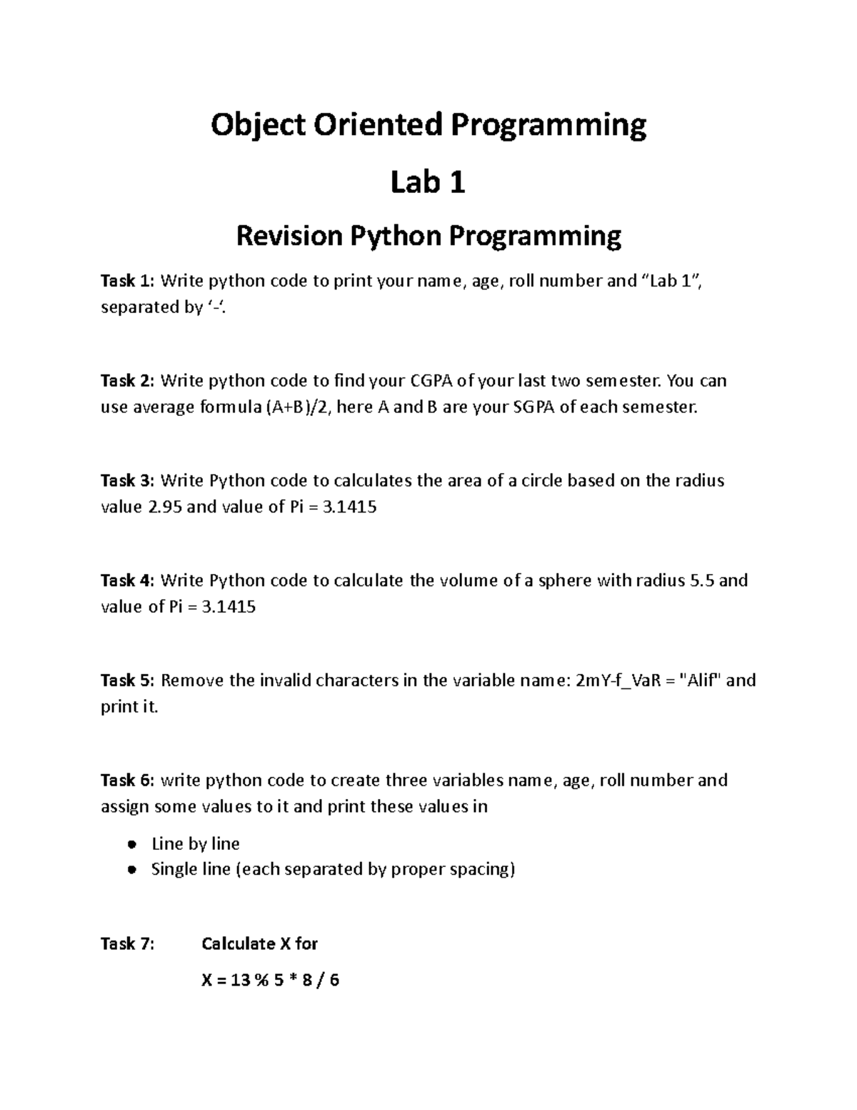OOP Lab 1: Python Programming Tasks and Exercises - Studocu