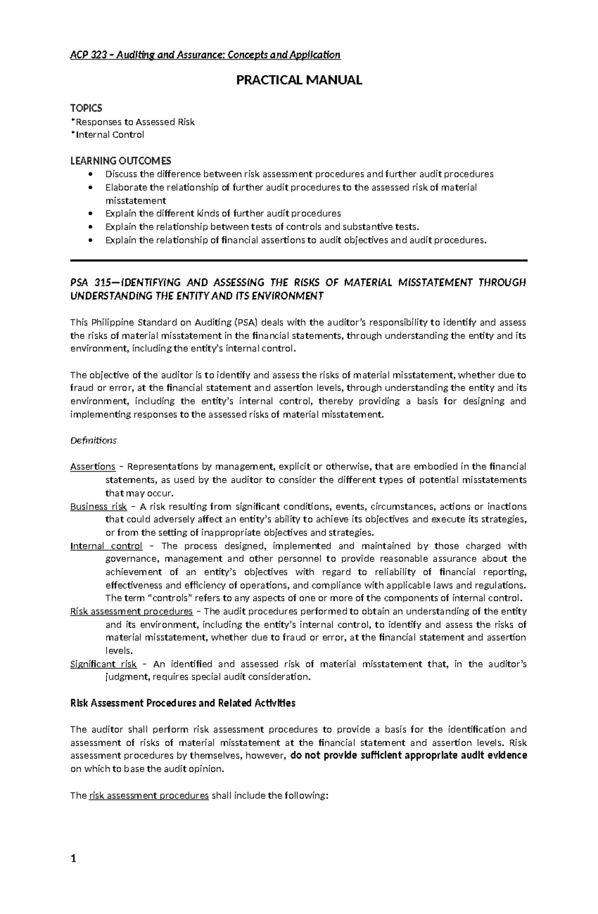 ACP 323 Auditing and Assurance: Practical Manual on Risk Assessment and ...
