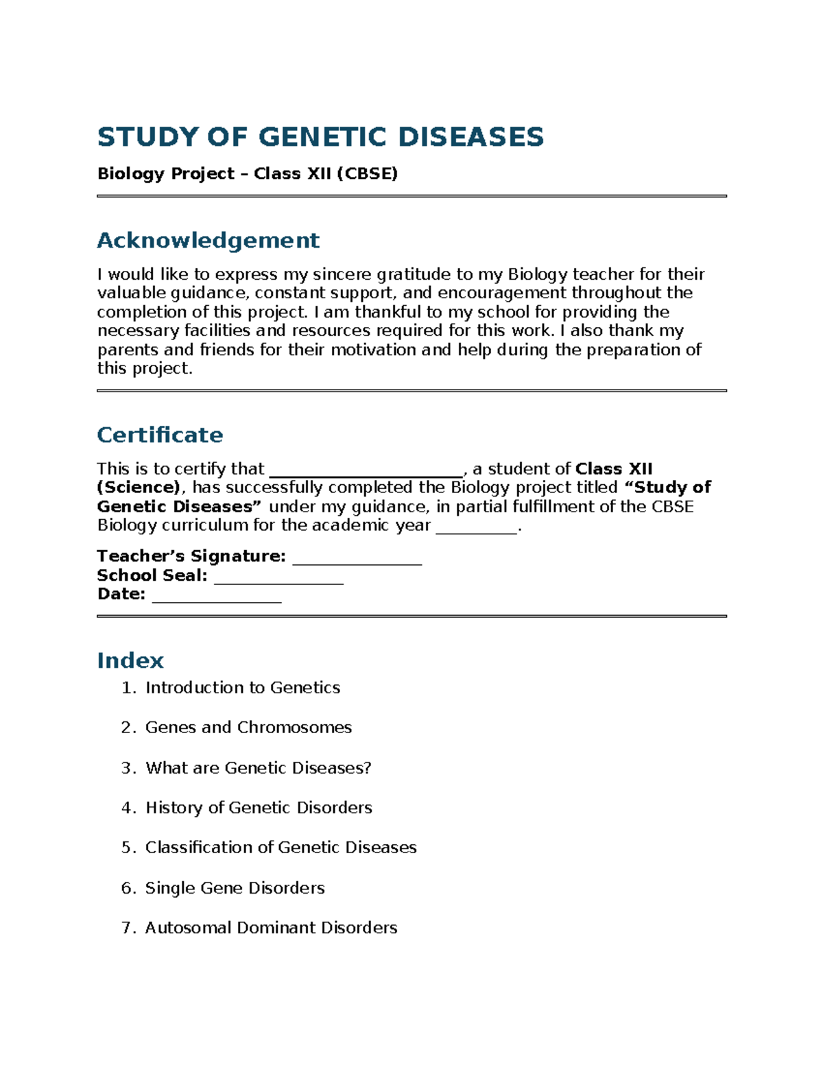 Study of Genetic Diseases - Class XII Biology Project - Studocu