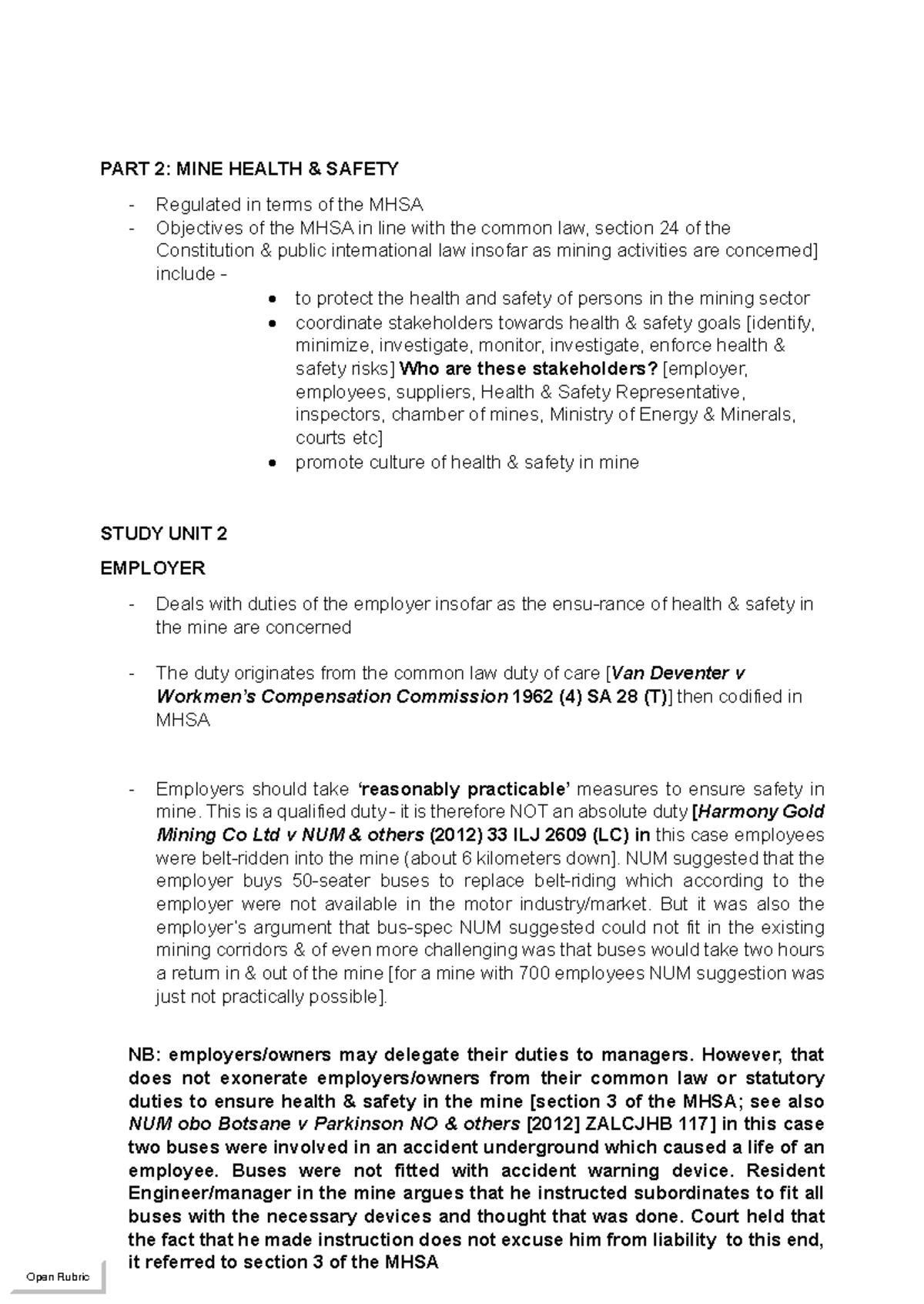 MINE Health & Safety Regulations: Study Unit 2 Overview - Studocu