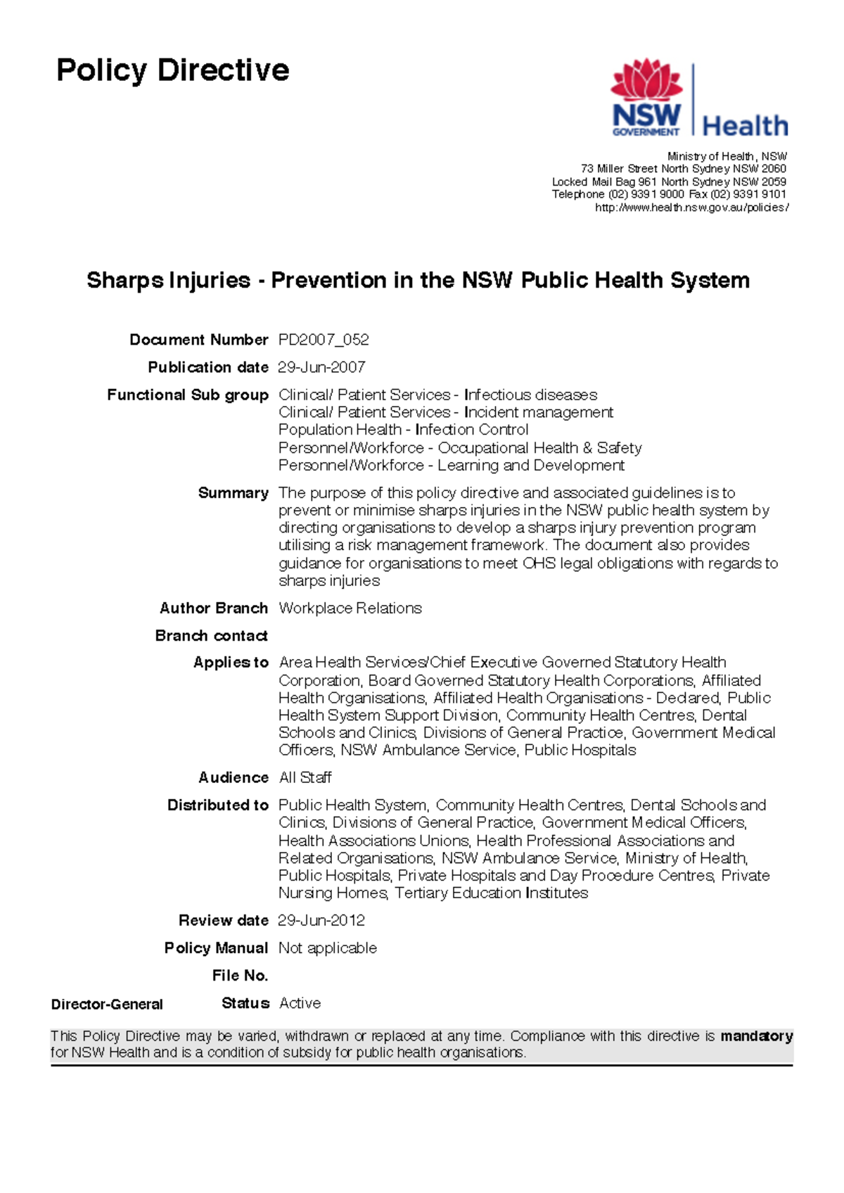 NSW Health Policy Directive: Sharps Injury Prevention Guidelines - Studocu