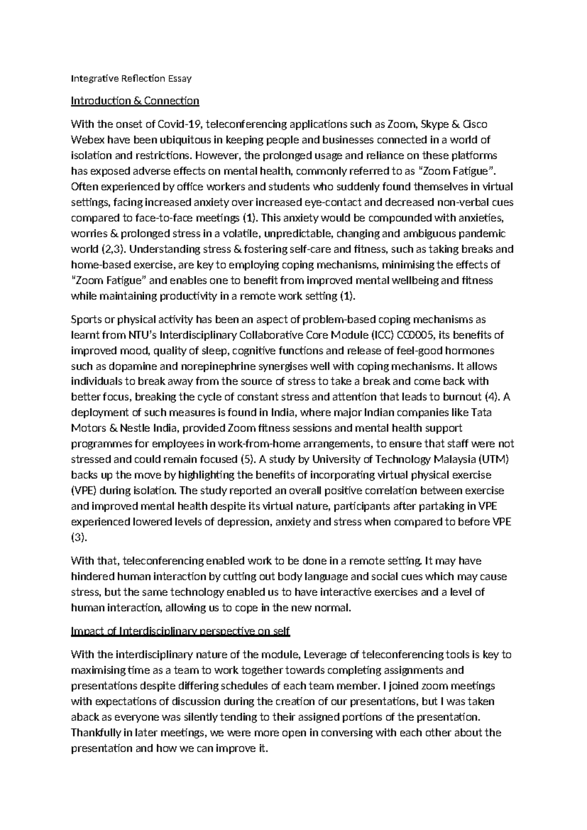 Integrative Reflection Essay: Coping Mechanisms in Virtual Learning ...
