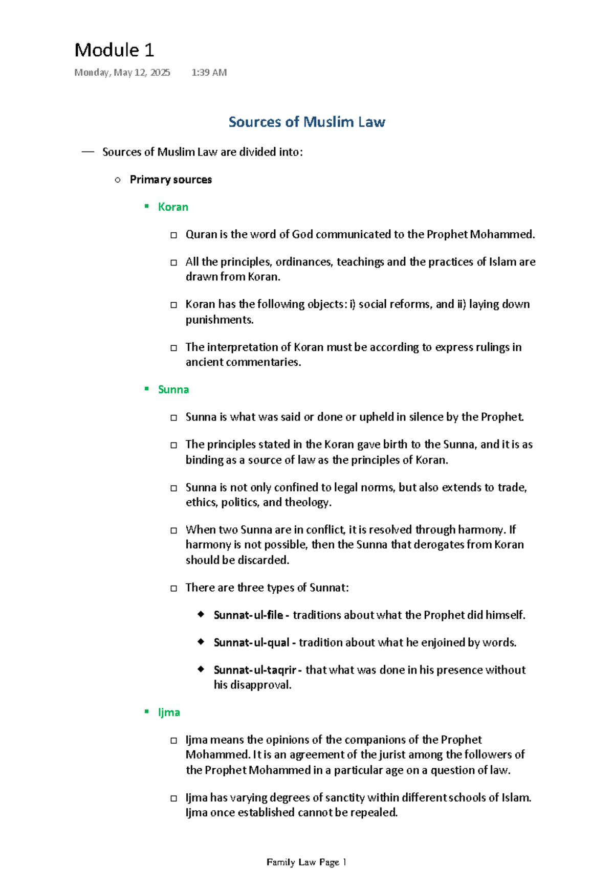Family Law - Module 1: Sources and Principles of Muslim Law - Studocu