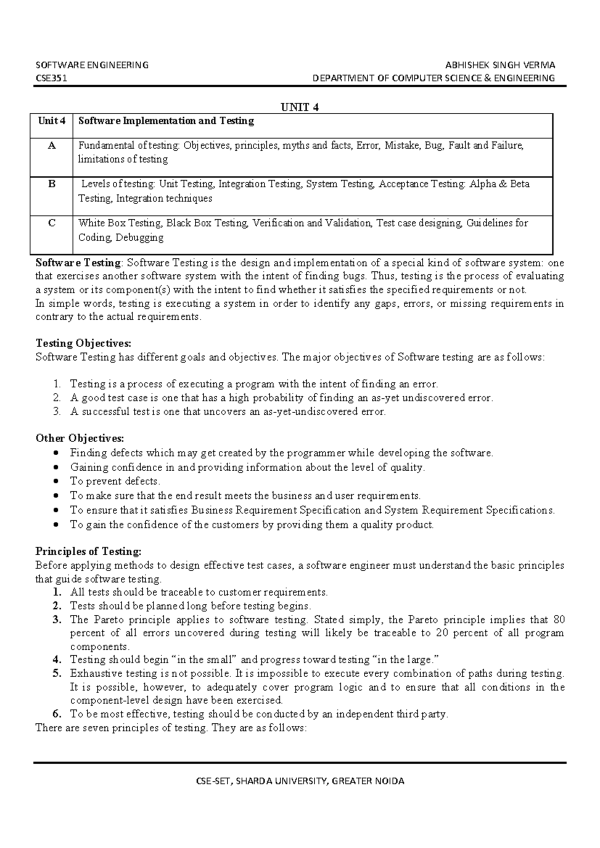 Unit 4 Notes on Software Implementation & Testing for CSE351 - Studocu