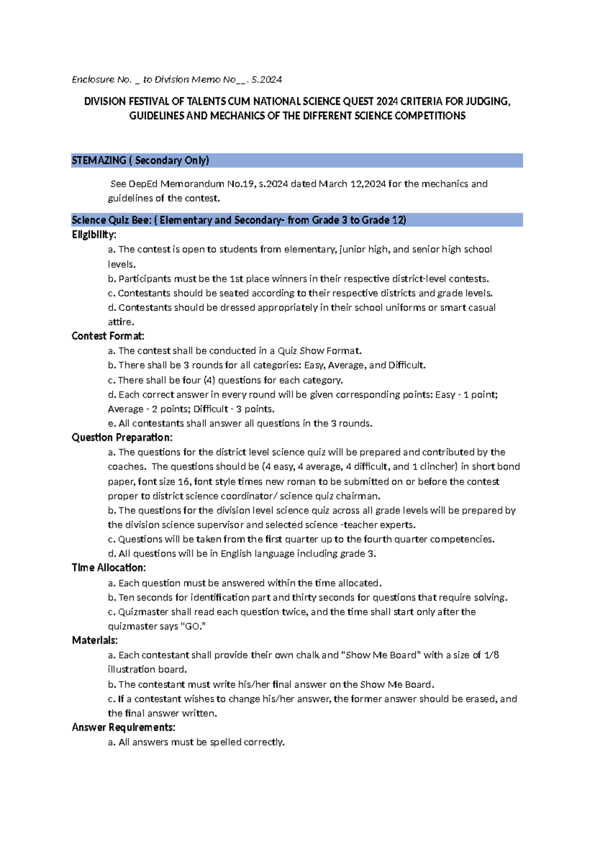 Contests and Guidelines for the Festival of Talents 2024 - Studocu