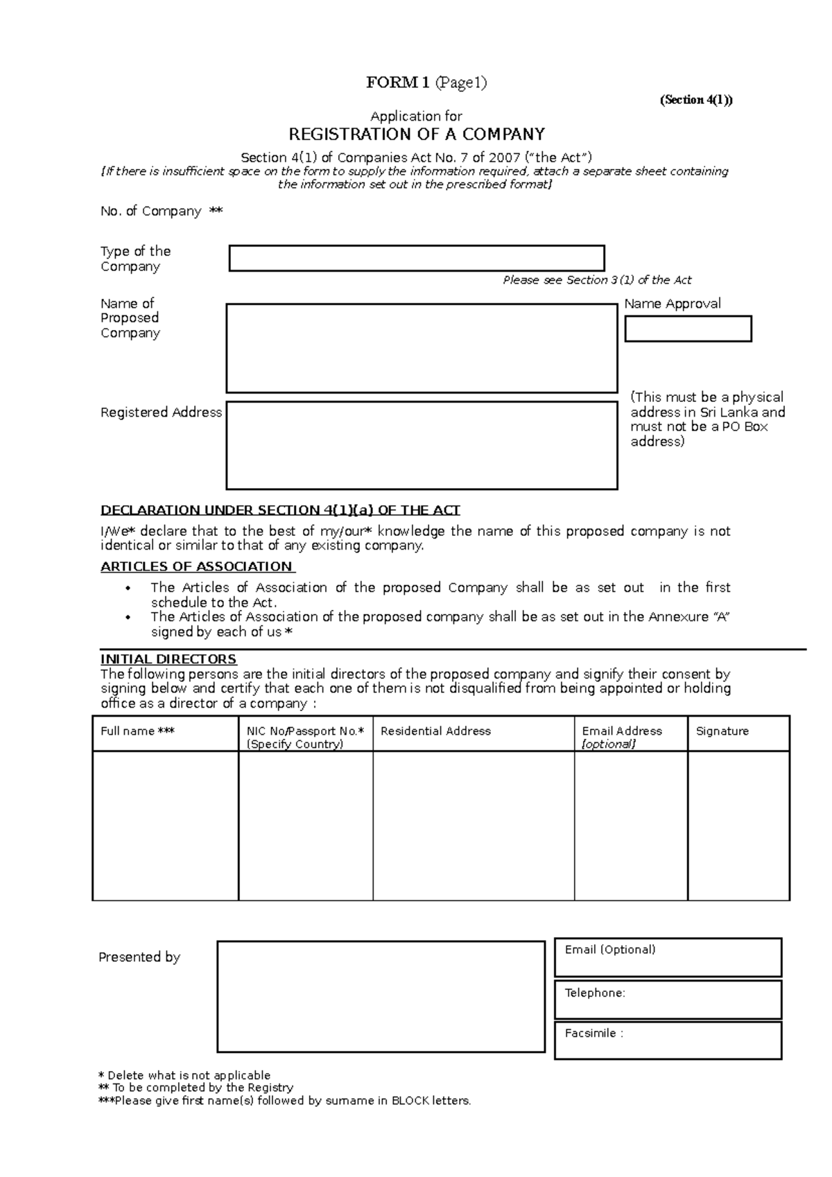 Sri Lanka Form 01 - Company Registration Lecture Notes - Studocu