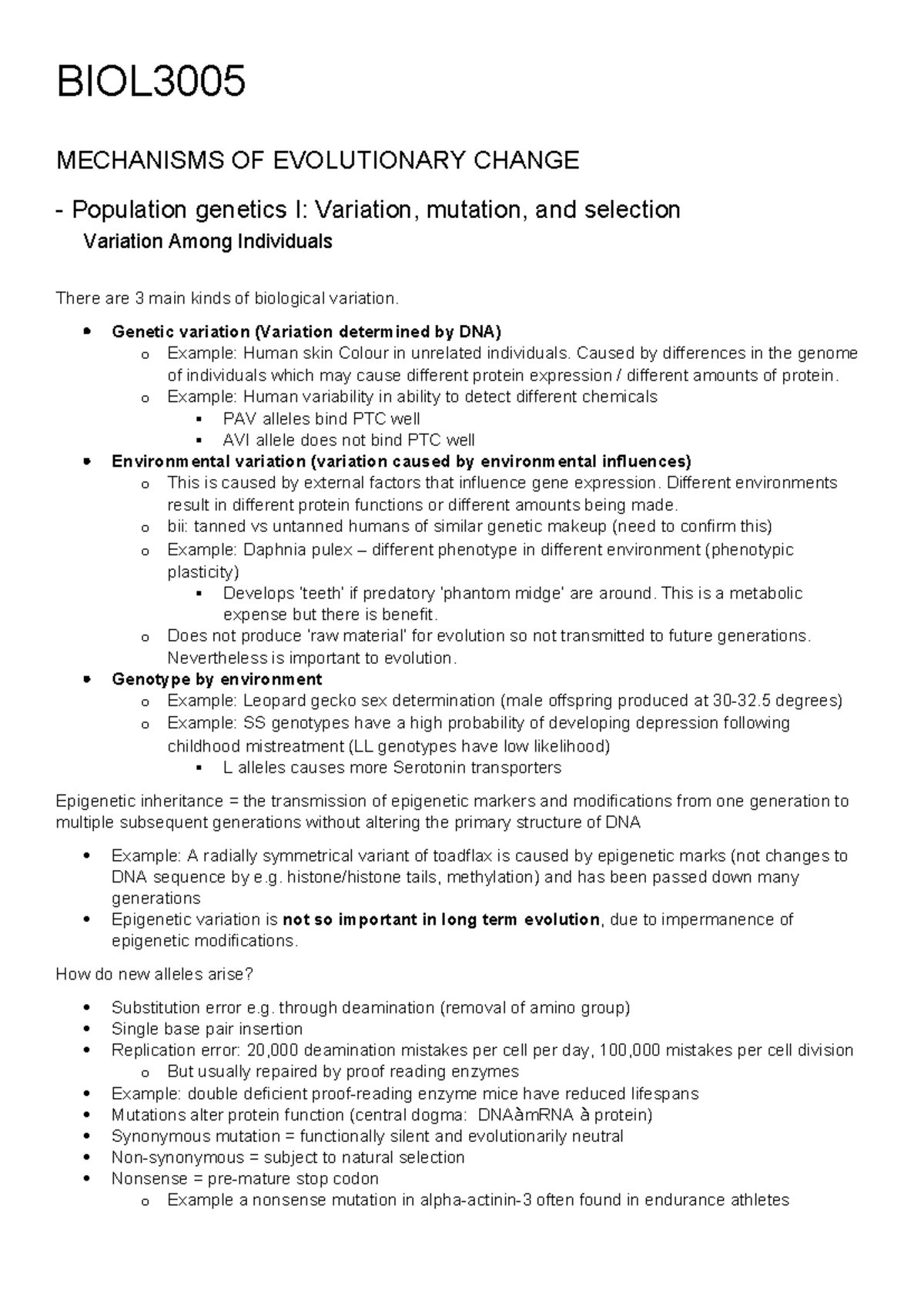 BIOL3005 Lecture Notes: Evolutionary Mechanisms from Weeks 1-13 - Studocu