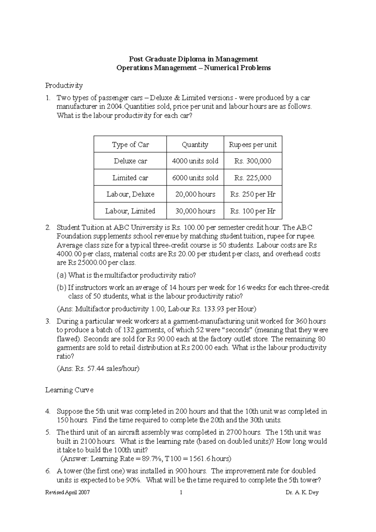 Operations Management Numerical Problems: A Study Guide (PGDM) - Studocu