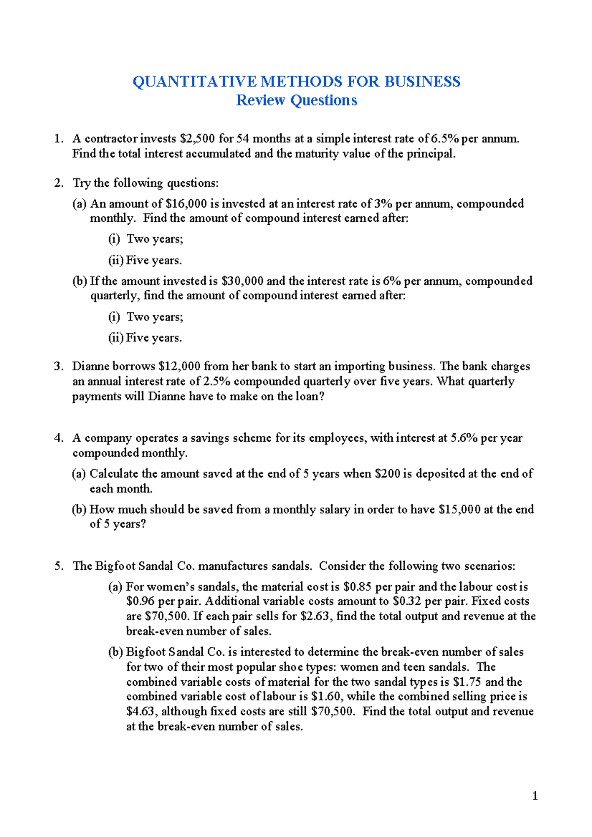 MATH 1075 Quantitative Methods for Business Review Questions - Studocu
