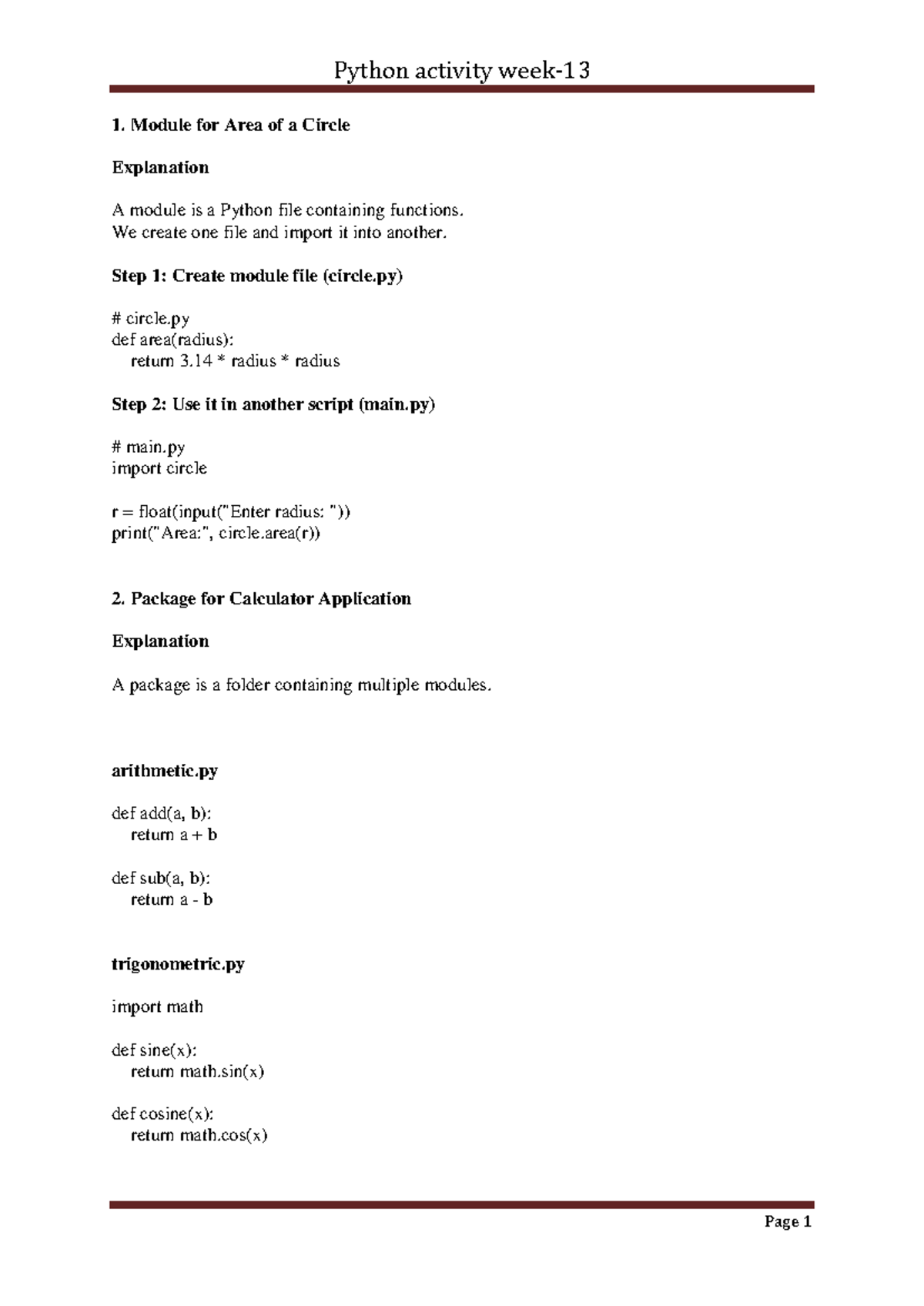 Python Activity 1: Module & Package for Circle Area Calculation - Studocu