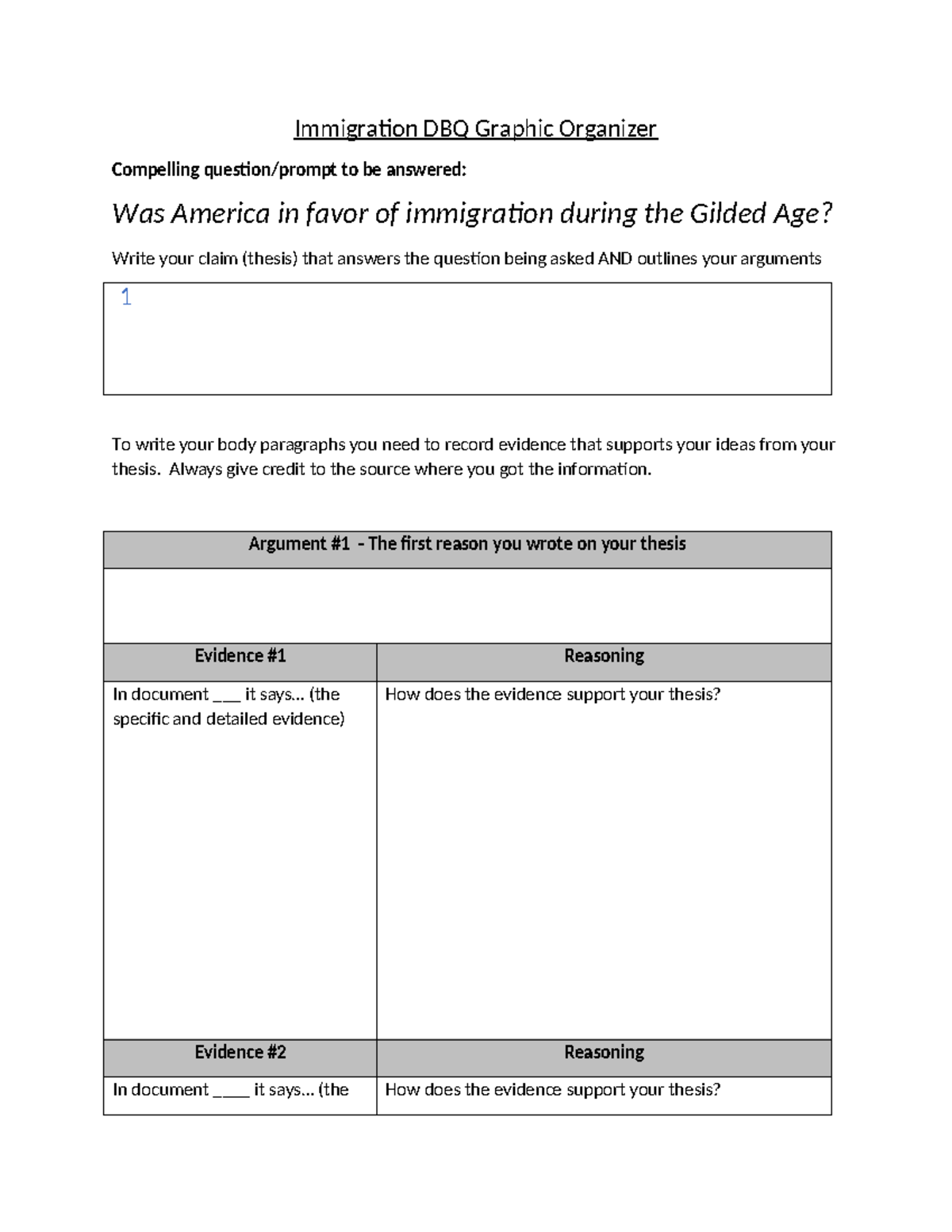 Immigration- DBQ Graphic Organizer - Immigration DBQ Graphic Organizer ...