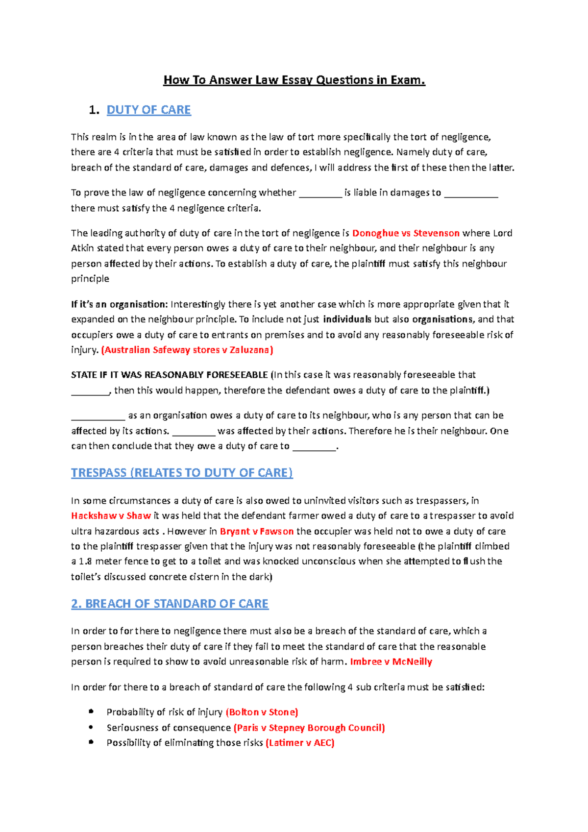 Comm Law Final Exam Notes: Understanding Duty of Care and Negligence ...