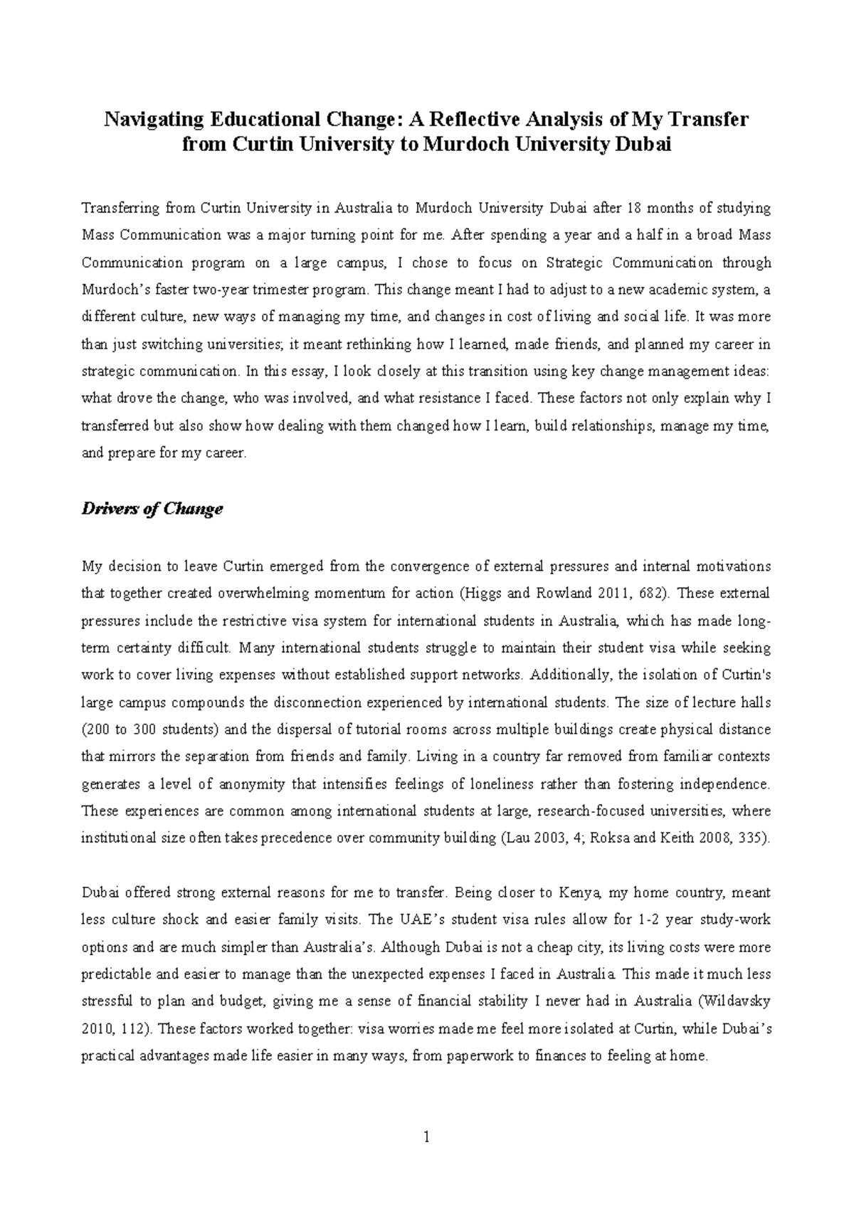 BUS230 Assignment 1: Reflective Analysis of My University Transfer ...