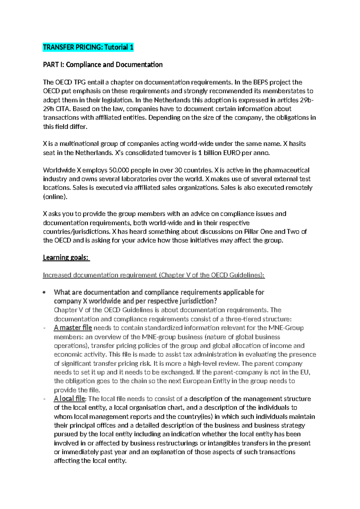 Transfer pricing: Tutorial 1 on compliance and documentation ...