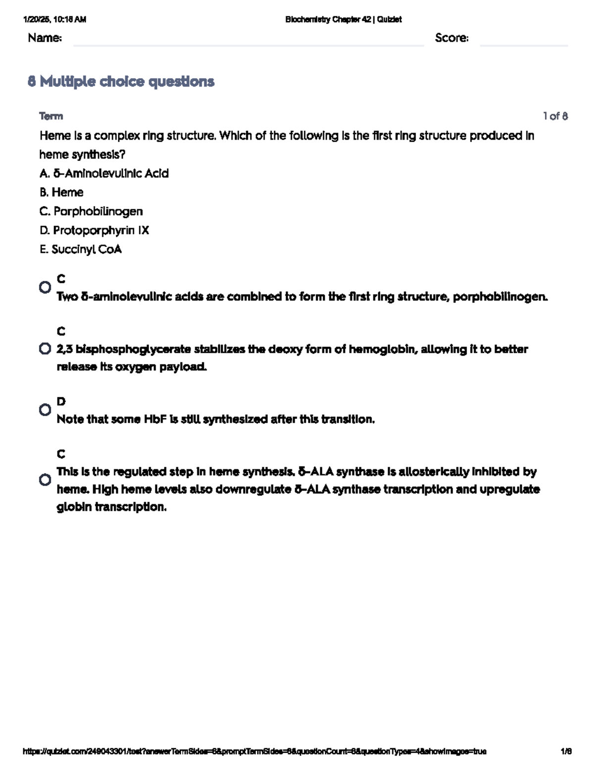 5 - quiz - 10:18 AM Biochemistry Chapter 42 I Quizlet Name: Score: 8 ...