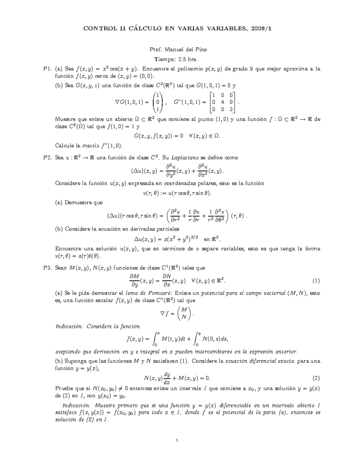 Control II en Varias Variables - Prof. Manuel del Pino (2009) - Studocu