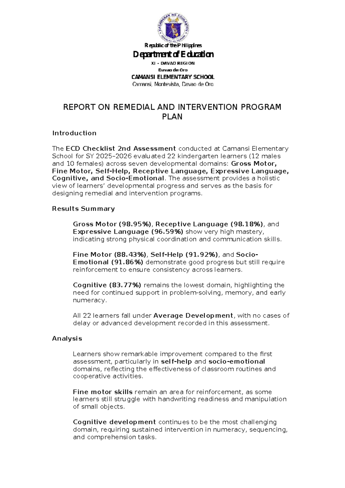 REPORT ON REMEDIAL & INTERVENTION PROGRAM PLAN - ECD Assessment - Studocu