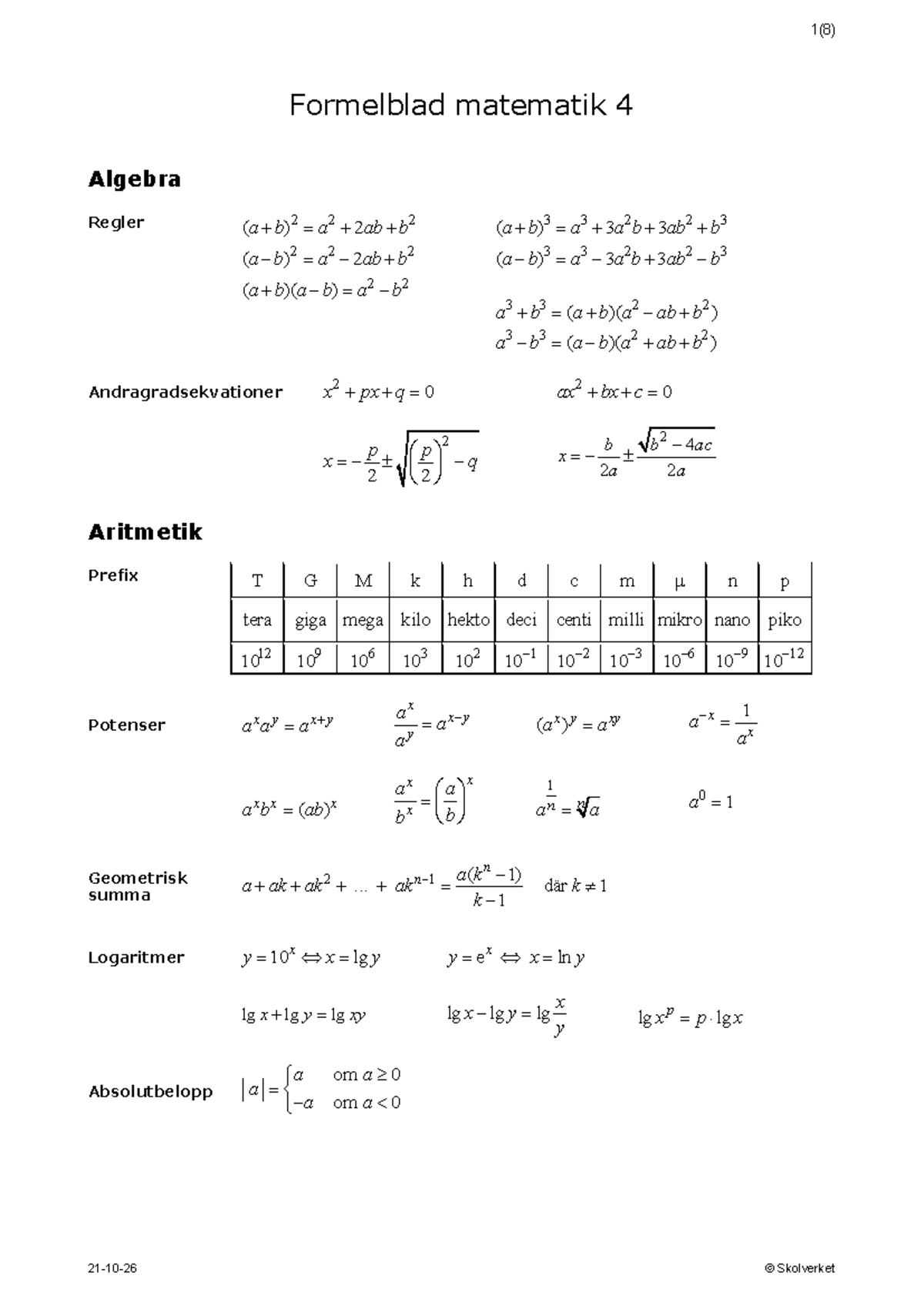 Matematik 4 Formelblad 2021 - Viktiga formler och regler - Studocu