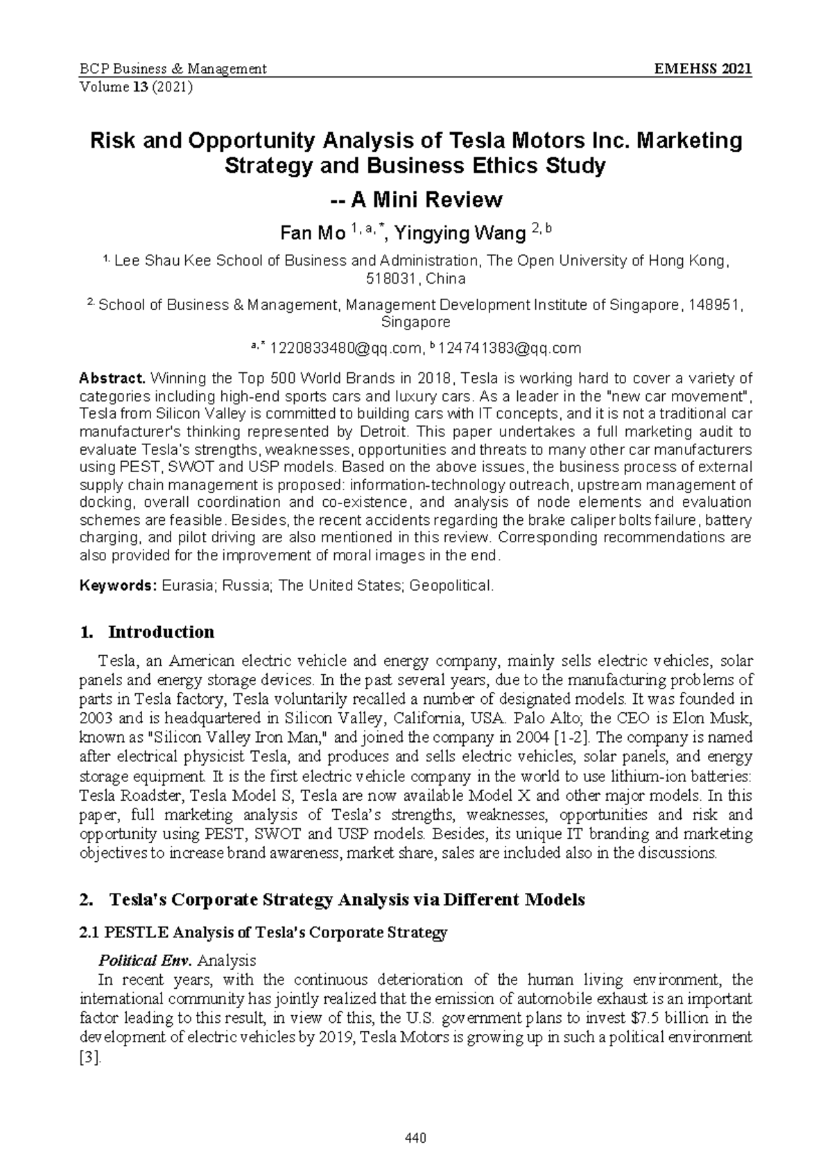 Risk and Opportunity Analysis of Tesla Motors Inc. (EMEHSS 2021) - Studocu