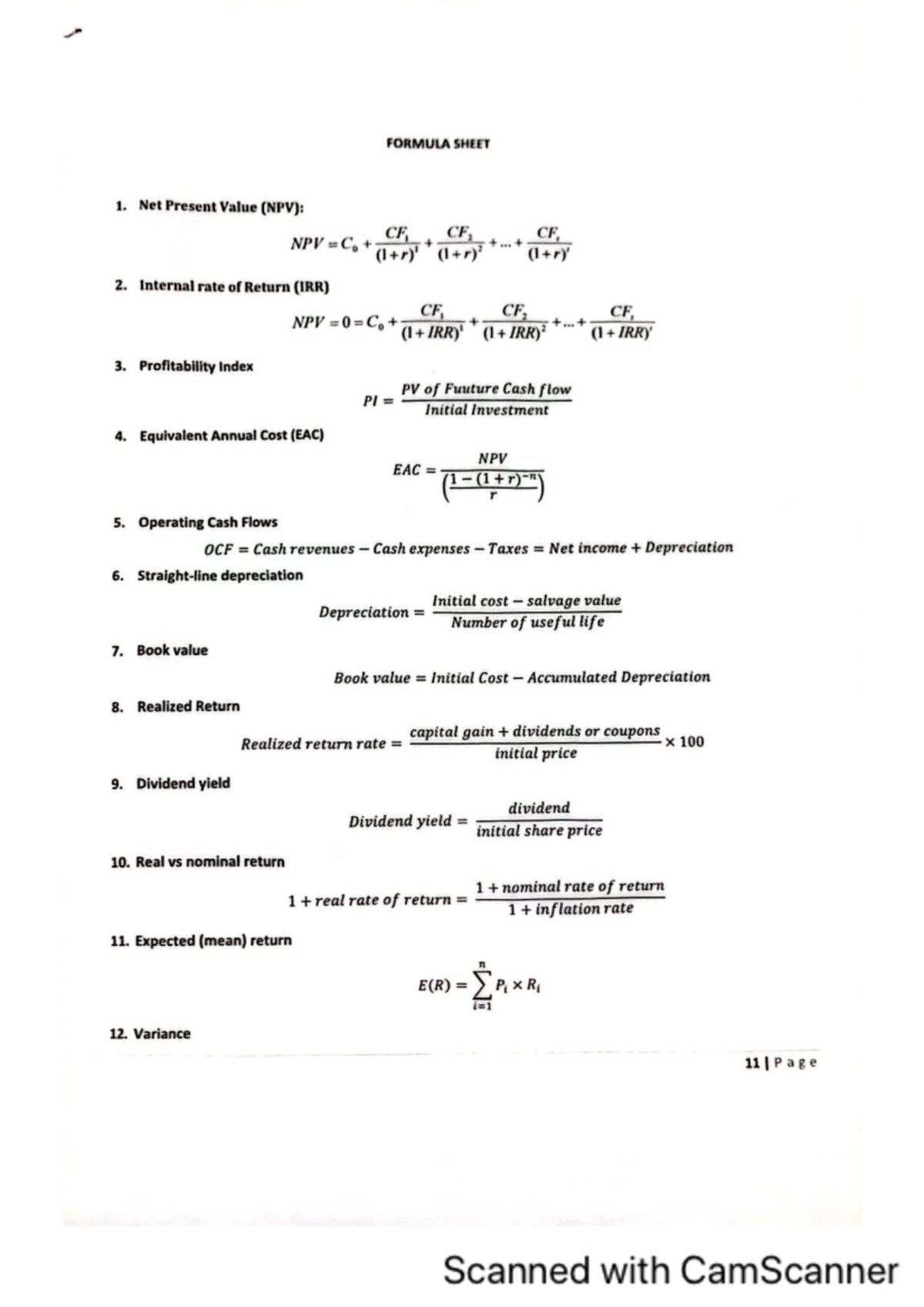 Formulas Final - FM formula - FORMULA SHEET 1. Net Present Value (NPV ...