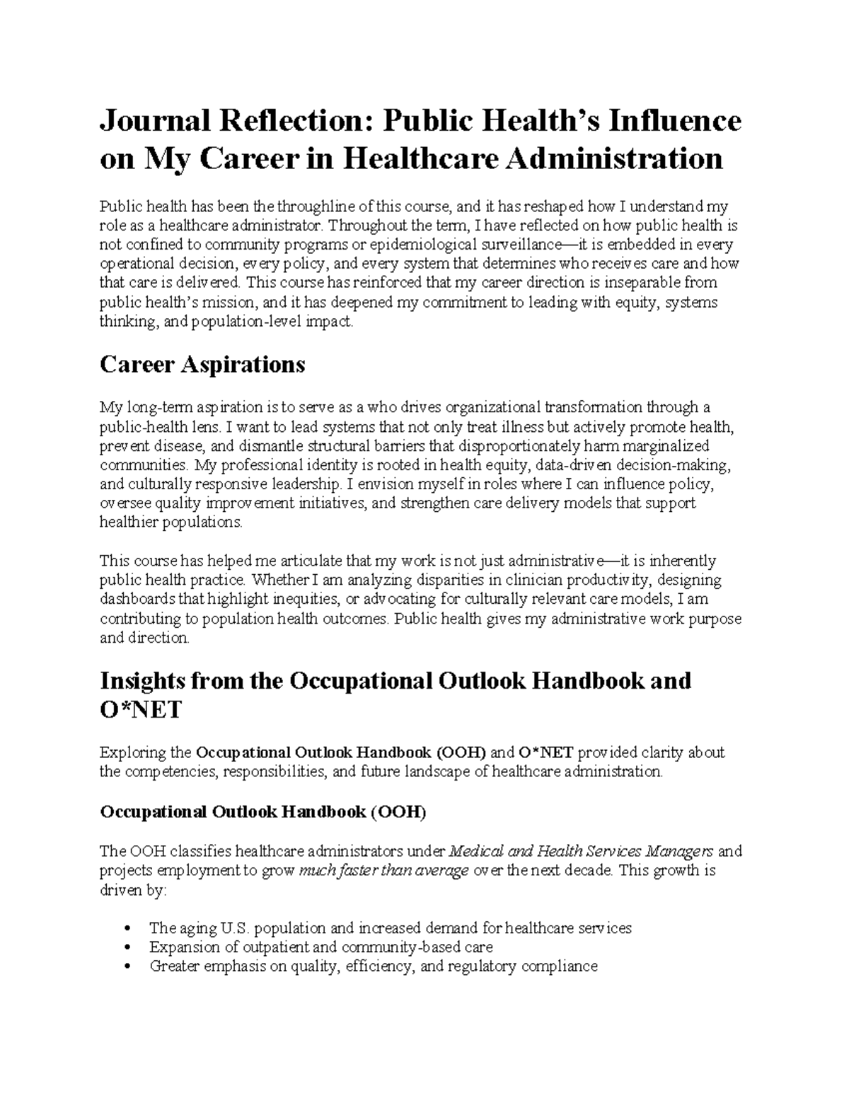 Journal Reflection: Public Health's Impact on Healthcare Admin Career ...