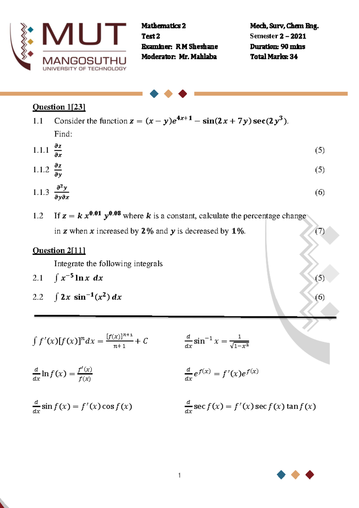 Mathematics 2 Test 2 - Semester 2 2021 Exam Questions - Studocu