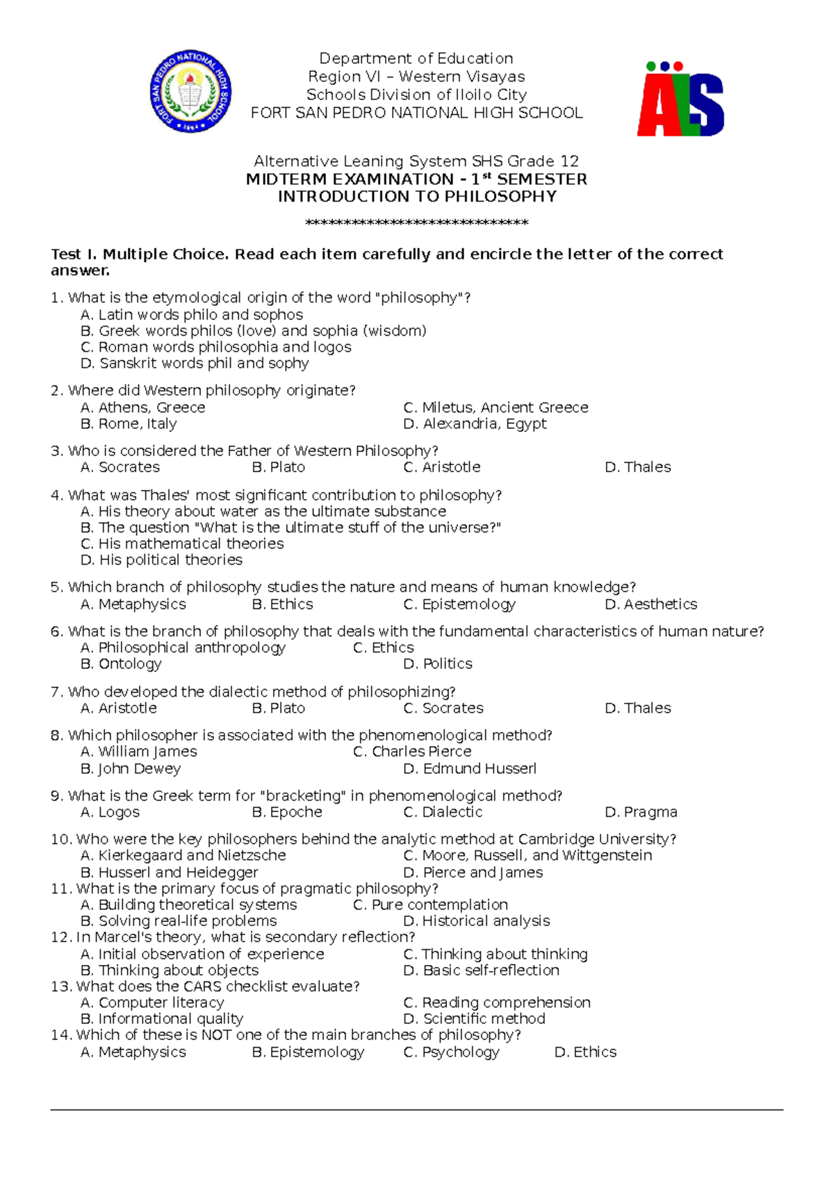SHS Grade 12 PHILO MIDTERM EXAM 1st SEMESTER Multiple Choice - Studocu