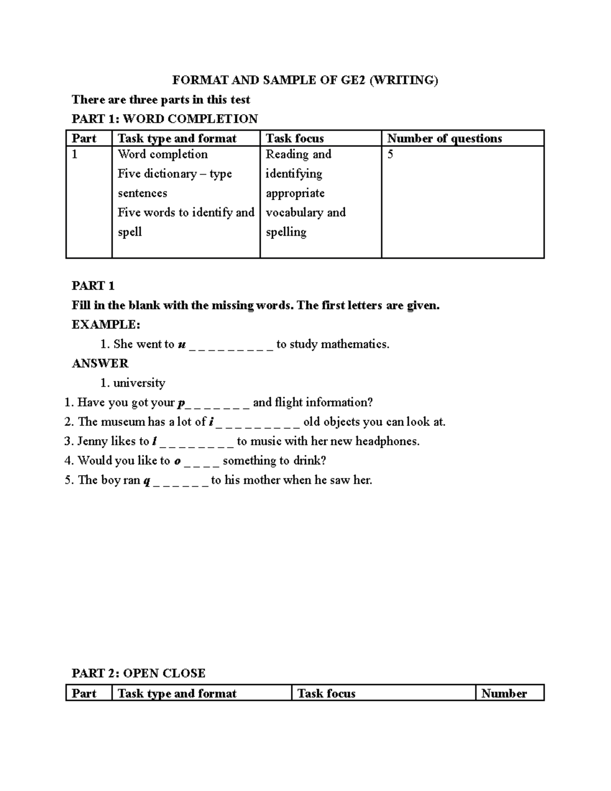Writing - Note - FORMAT AND SAMPLE OF GE2 (WRITING) There are three ...