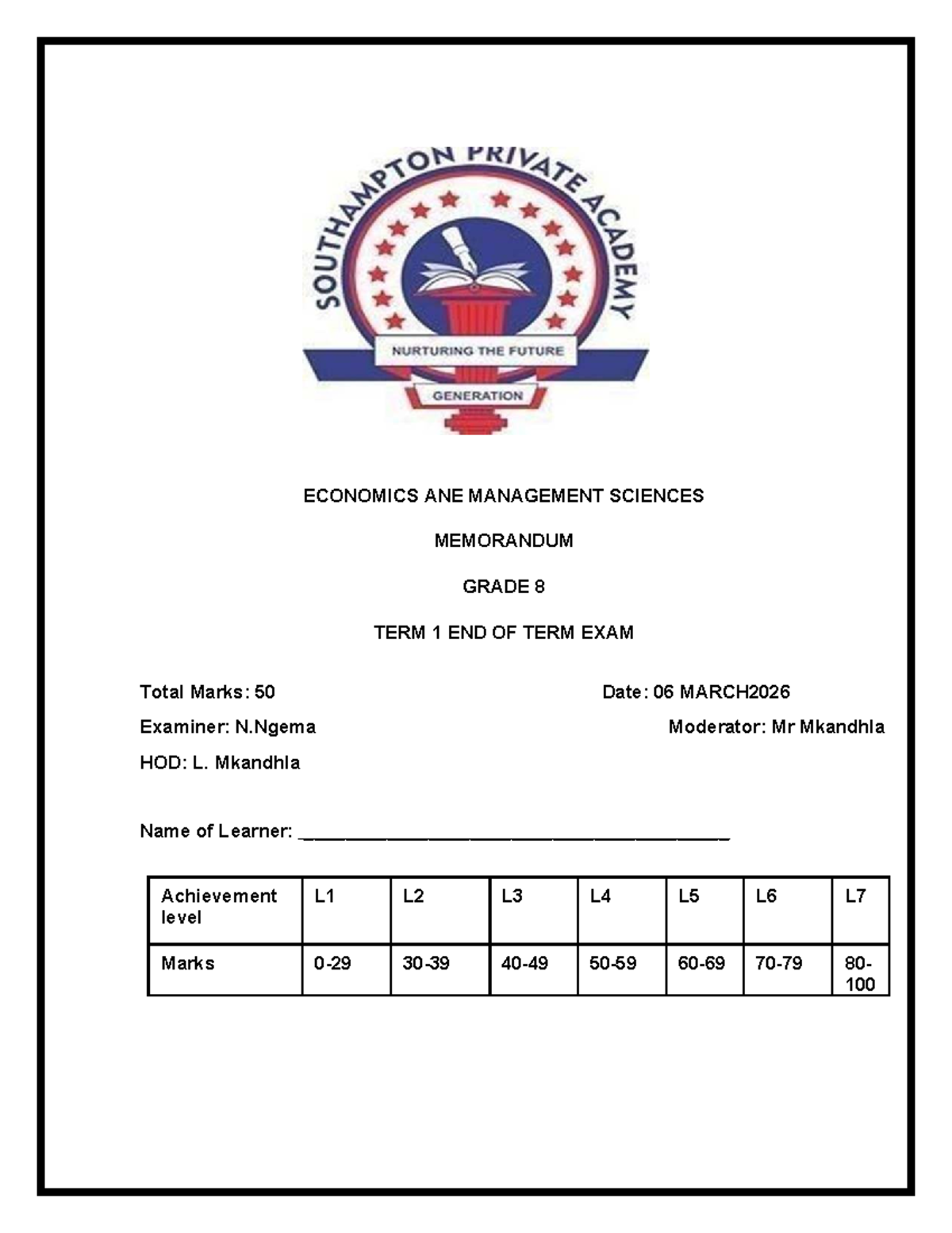 Grade 8 EMS Term 1 End of Term Exam Memorandum - Studocu