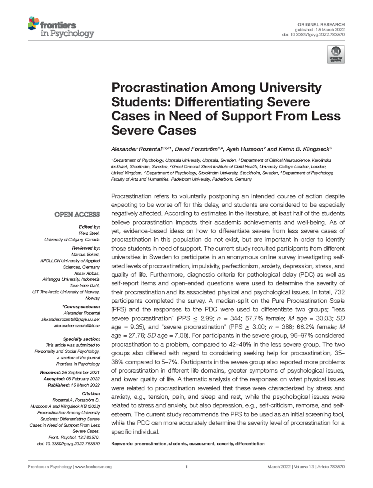 Differentiating Severe vs. Less Severe Procrastination Among Uni ...